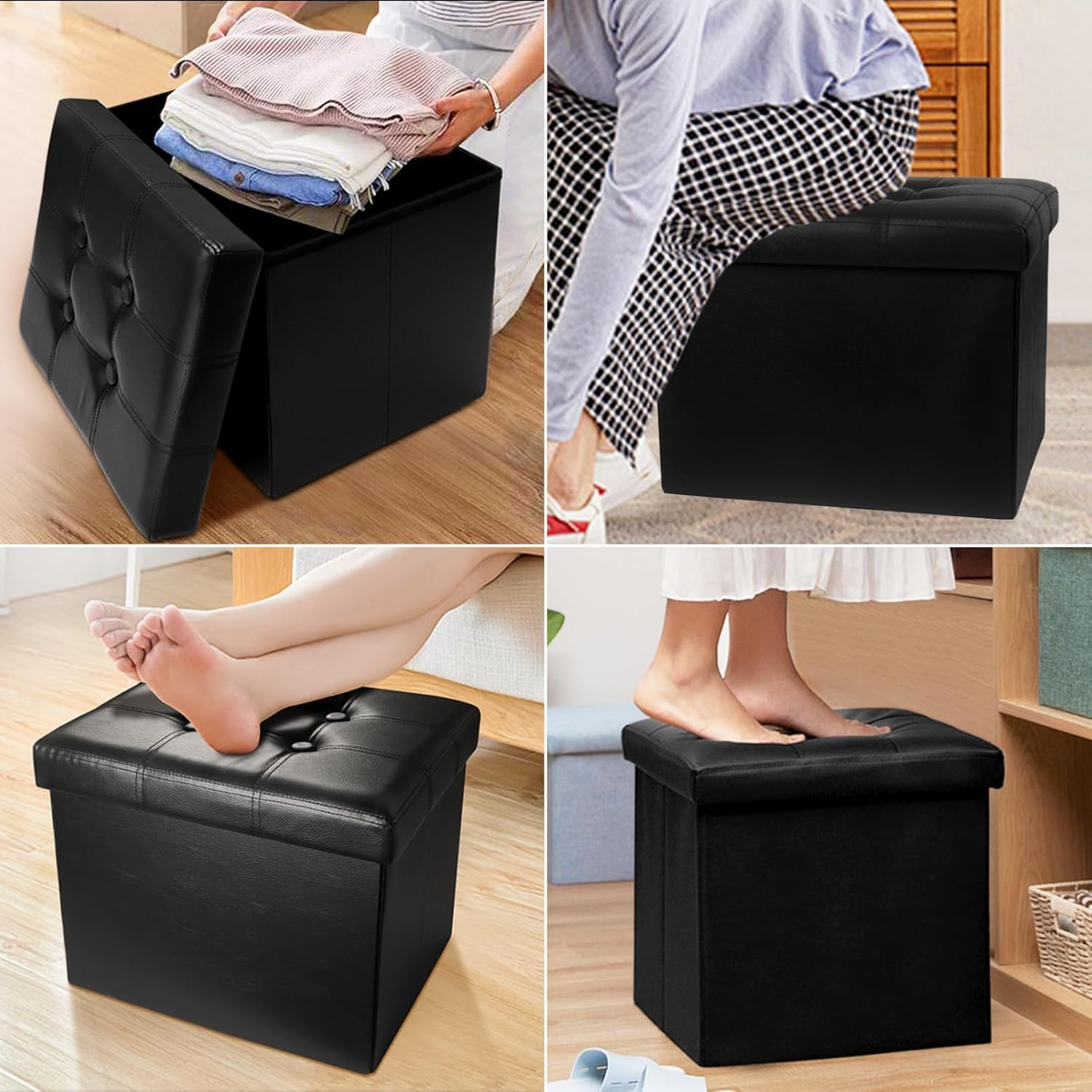 Folding Storage Foot Rest Footstool with Side Pocket, Foot Rest for Couch, Leather Ottoman Seat for Couch, Living Room Bedroom or Dorm, Padded with Thick Sponge, 17X12X12In Black image number 1