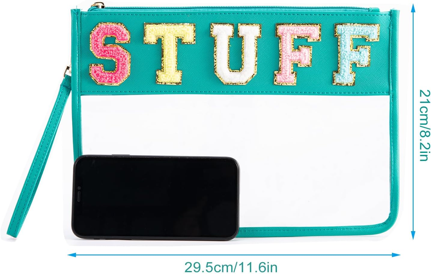 Chenille Letter Clear Zipper Pouch, Pvc&Nylon Clear Cosmetic Bags, Clear Purse, Travel Makeup Bag for Women and Children, Clear Pouches for Travel, Gym, Beach, Green, Glitter Chenille Letters image number 6