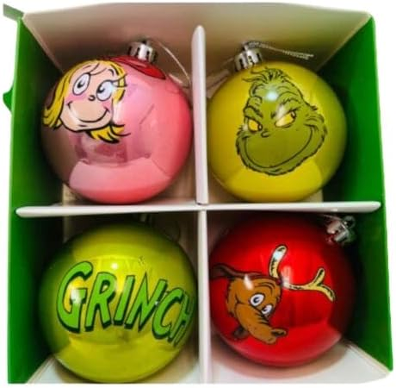 The Grinch Christmas Tree Decoration Dr Seuss Baubles Home Decor Hanging Seasonal Decoration Festive Item NEW (Pack of 4 Baubles)