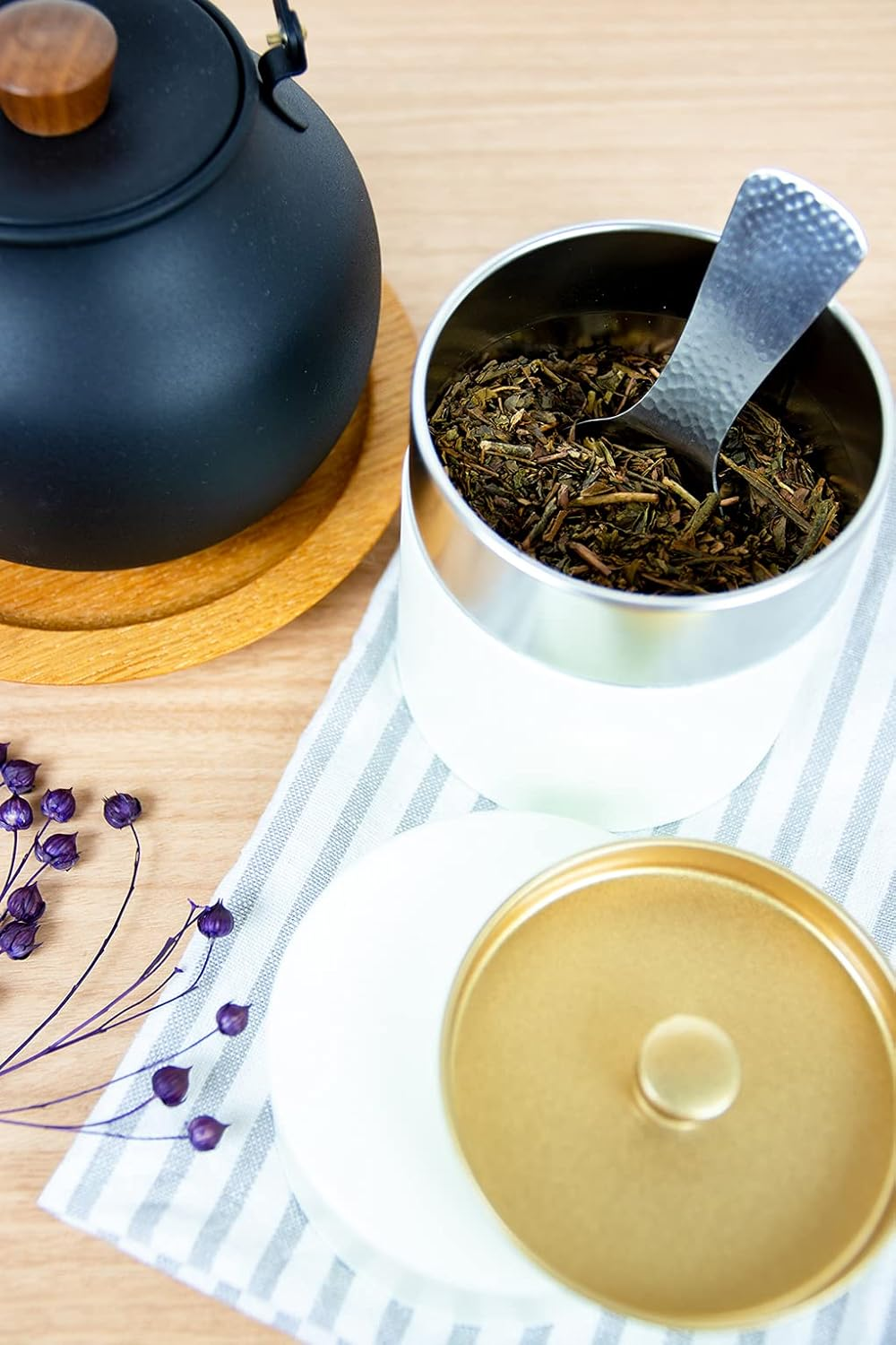 Lacquer-Coated Tea Canister : Wide 5.3Oz (150G) Semi-Mat Eggshell White by KOTODO, Japan image number 2