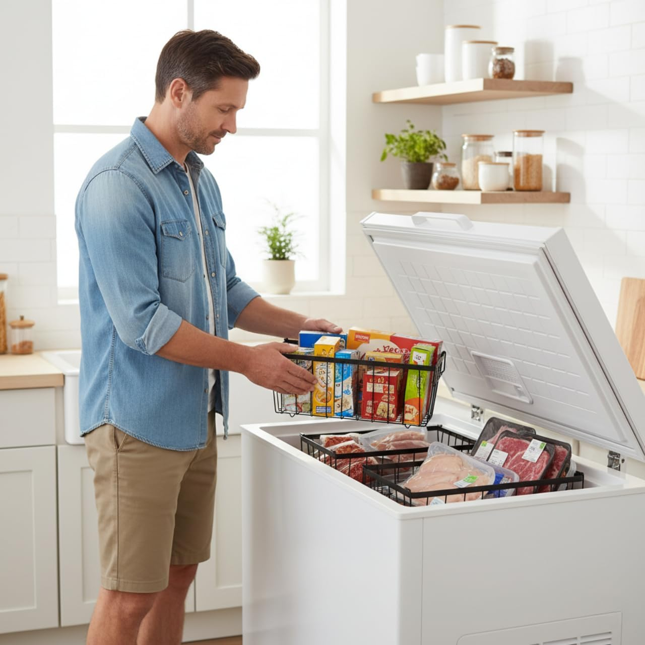 4 Pack Freezer Organiser Bins for Chest Freezer, Stackable Folding Metal Large Freezer Organizer Bins, Deep Freezer Drawer & Rack Baskets, Hanging Storage Fridge Organiser with Handles image number 1