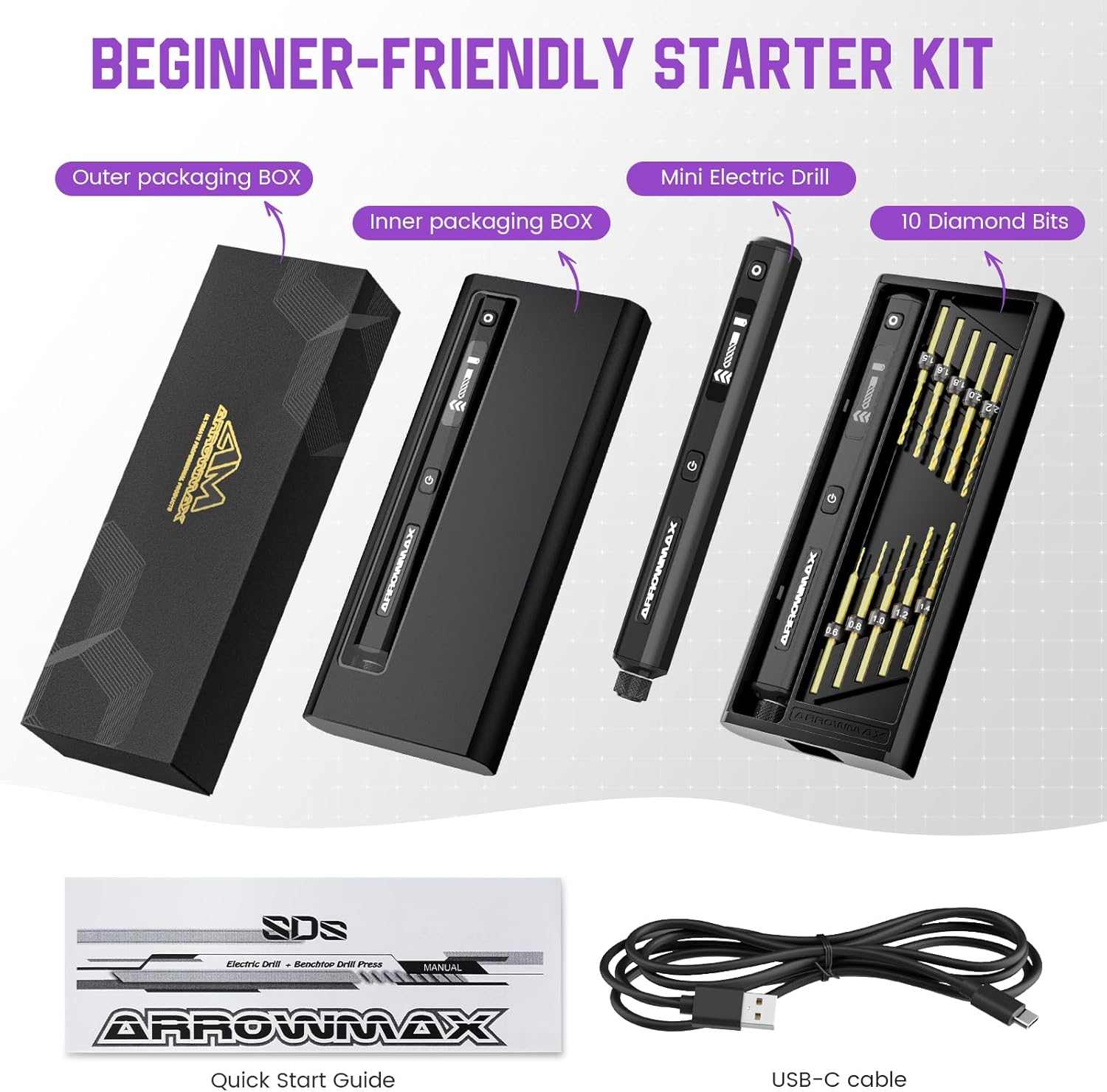 AM ARROWMAX Mini Electric Drill Pen, 5-Speed, 10 Small Drill Bits with Aluminium Box, LED Lights, OLED Display, Resin Mini Drill Set for Jewelry Making, Plastic, Wood (SDS), Black image number 1