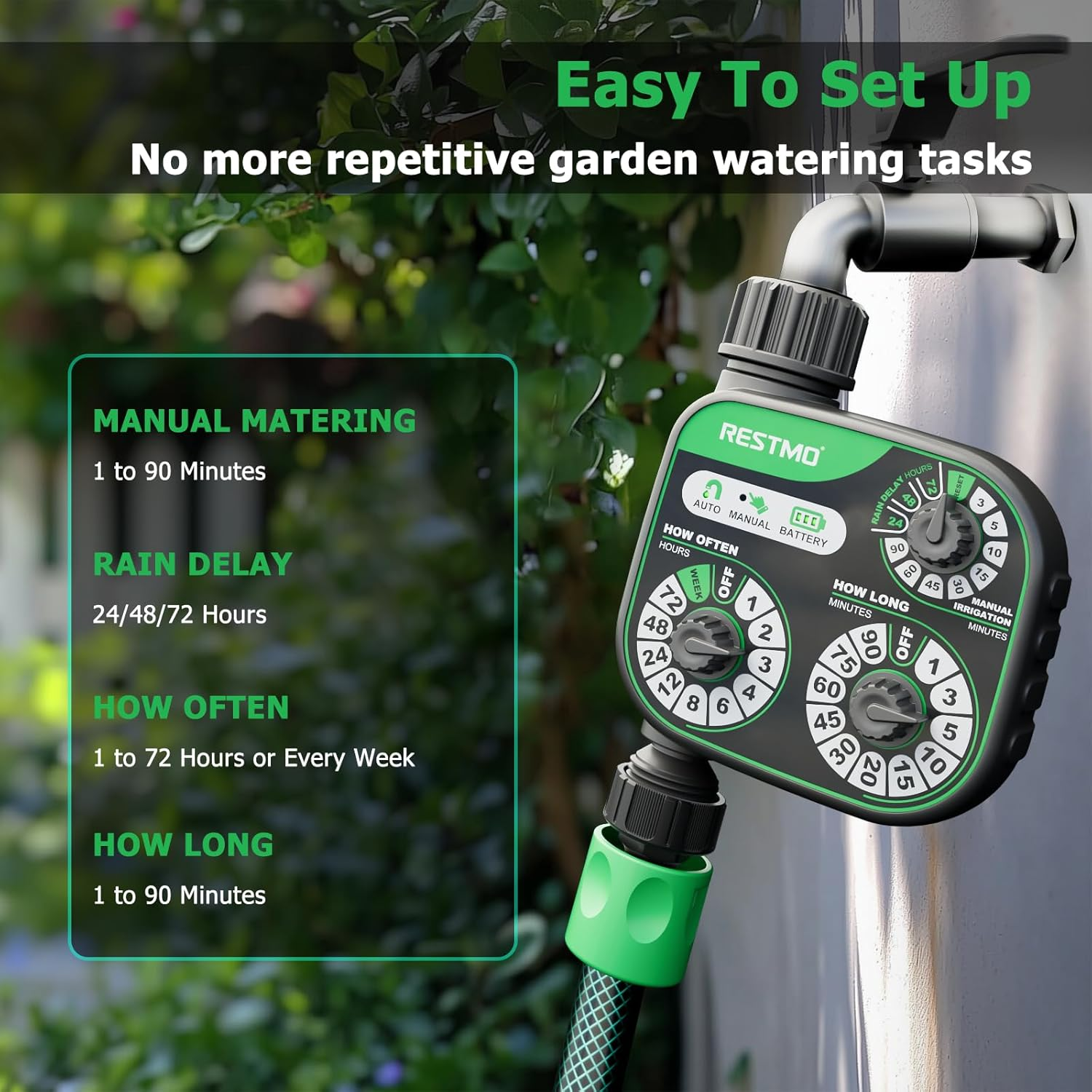 RESTMO 3-Dial Analog Water Timer, Mechnical Control Automatic Irrigation with Manual and Rain Delay, Sprinkler Timer for Garden Hose Watering, Self-Watering System, Easy to Set Up image number 1
