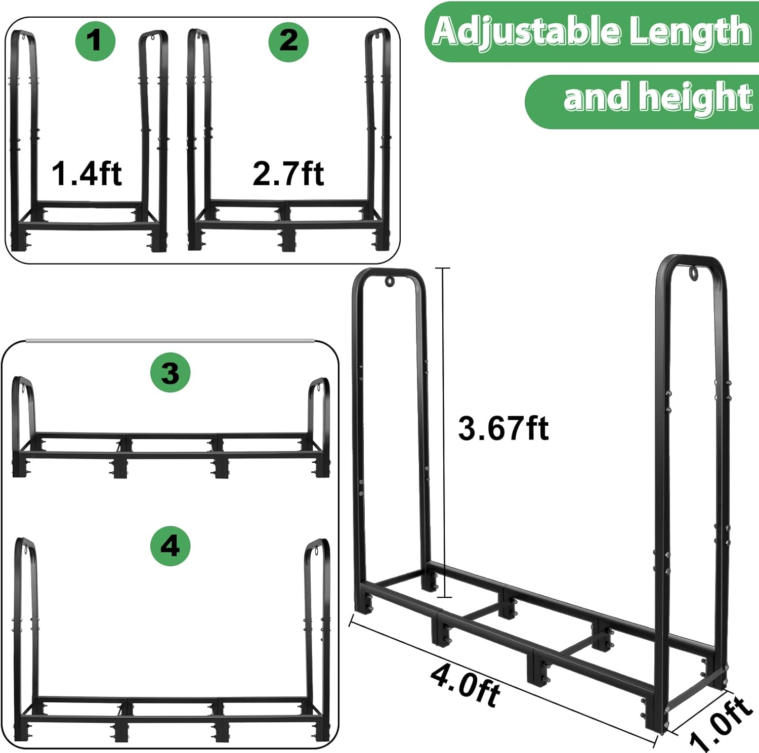 CONNOO 4Ft Firewood Rack Stand Heavy Duty Firewood Log Rack Holder Fireplace Wood Storage Holder for Indoor Outdoor Metal Pile Log Stand Stacker Holder, Matte Black