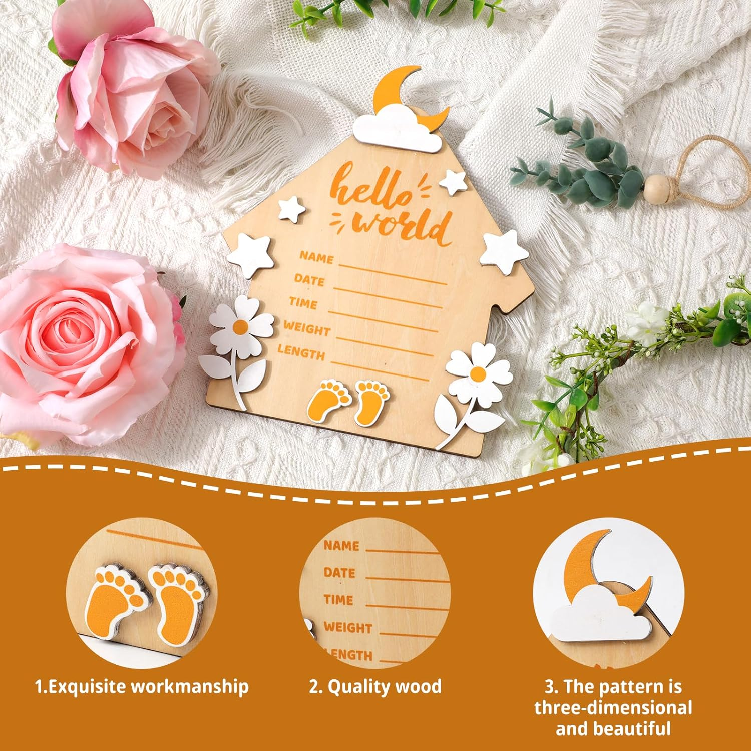 Newborn Birth Announcement Board, Large 7 Inch Hello World Newborn Sign for New Born Baby Welcome Wooden Baby Announcement Plaque Hospital Home Record Board for Baby Gift