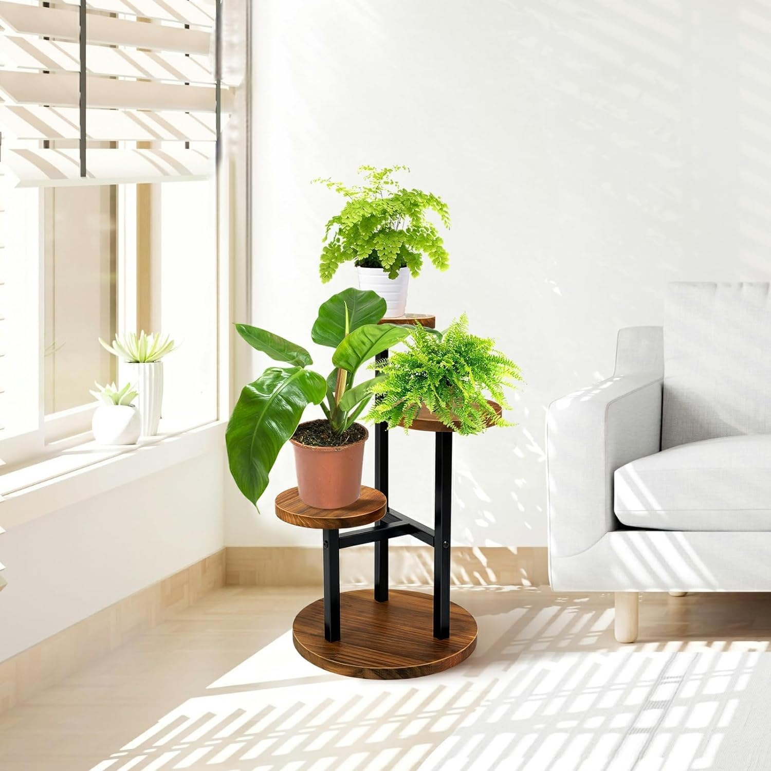 3 Tier Plant Stand, Tall Metal Wood Shelf Holder for Indoor, Outdoor Display Rack Flower Pot Stand for Corner Living Room Balcony Garden Patio image number 4