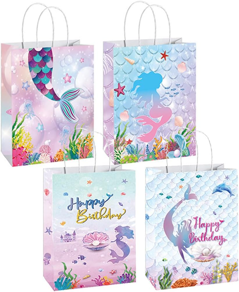 Dnvkict 24 Pack Mermaid Goodie Bags with Handles Candy Bags Mermaid Theme Party Bags Party Favor Treat Bags for Decorations (Sea World) image number 4