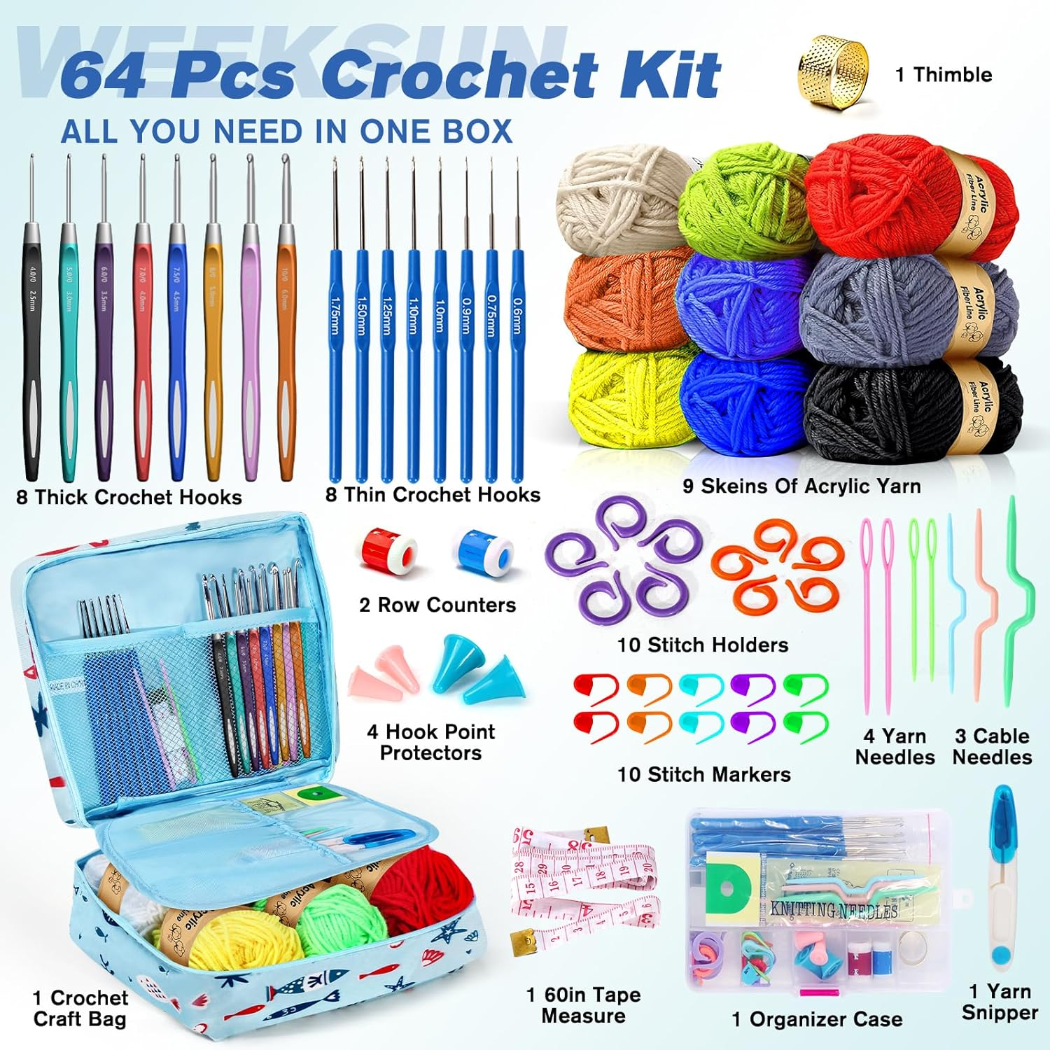 63PCS Crochet Kit for Beginners Knitting & Crochet Supplies, Premium Crochet Kit 9 Colors of Yarn, Crochet Needles, Accessory Kit, Crochet Bag and More, Suitable for Beginners - Blue image number 2