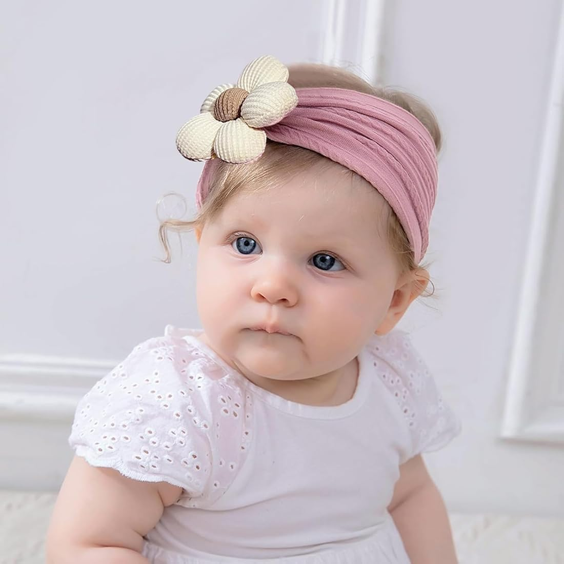 3Pcs Baby Girls Flower Headbands, Soft Elastic Baby Nylon Hairbands Baby Flower Headbands, Stretchy Handmade Hairbands Headwrap Hair Accessories for Newborn Infant Kids（Beige Pink Khaki） image number 6