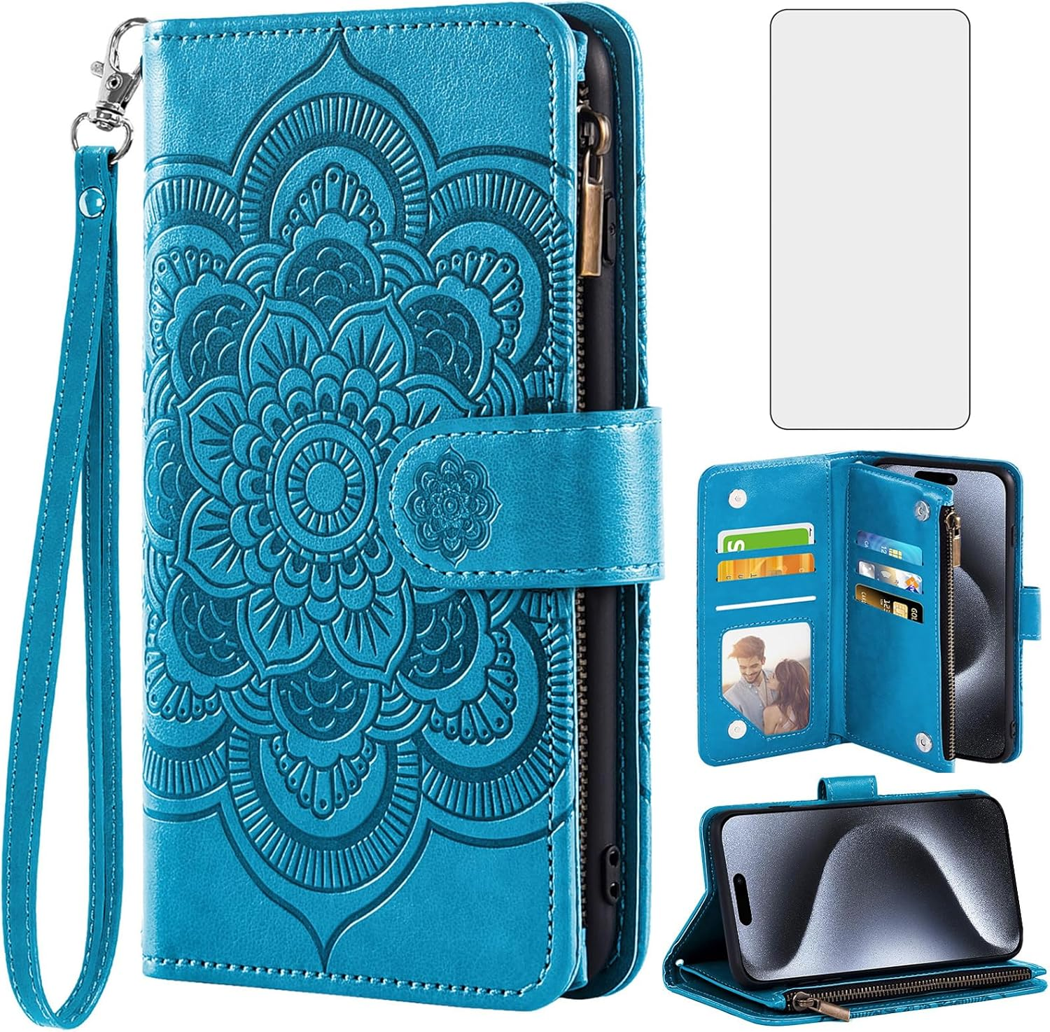 Asuwish Compatible with Iphone 15 Pro 6.1 Inch Wallet Case and Tempered Glass Screen Protector Flip Credit Card Holder Cell Phone Cover for Iphone15Pro 5G I I-Phone I15 Iphone15 15Pro Women Men Purple