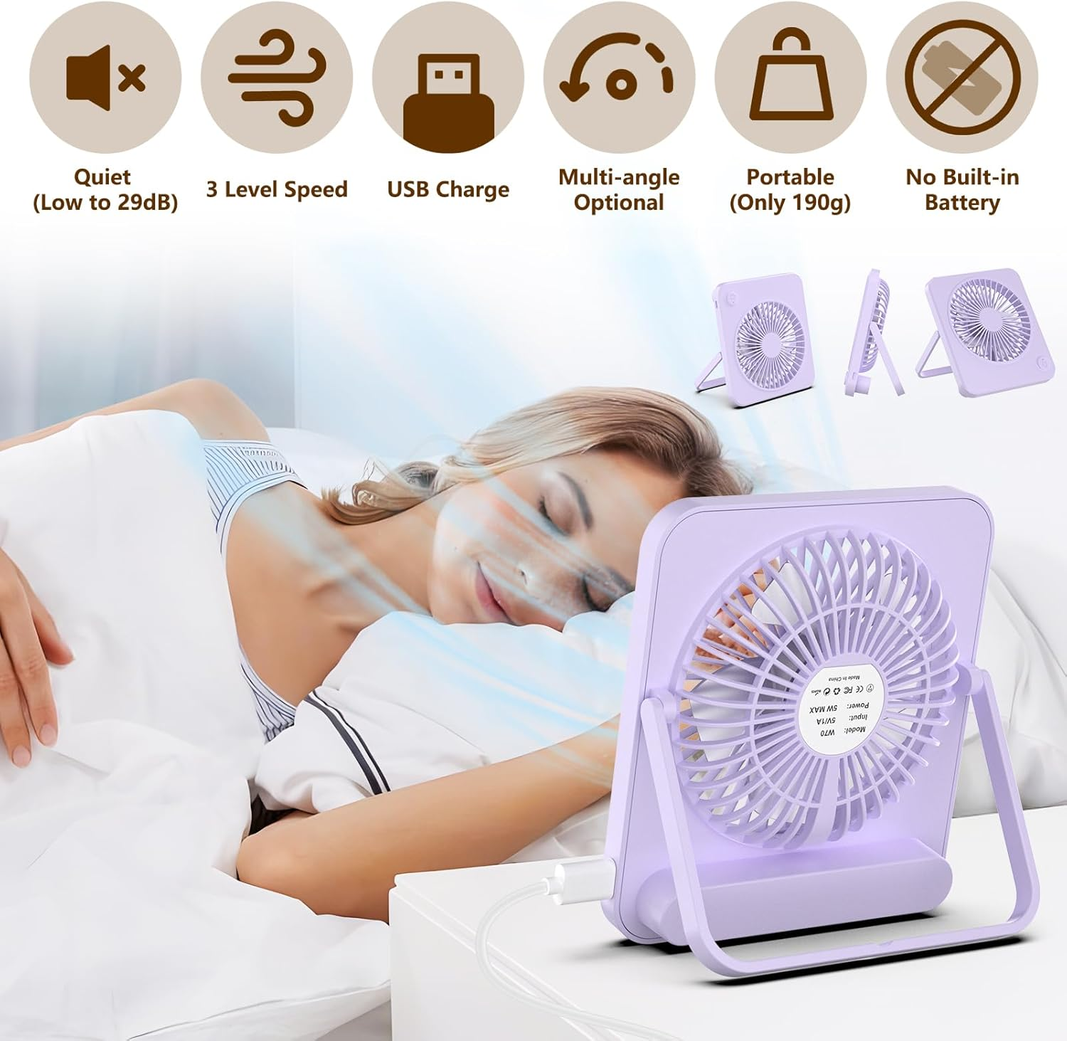 Hianjoo Mini Desk Fan, Personal USB Powered No Battery Portable Desktop Table Mini Cooling Fan 3 Speeds Angle Adjustable Quiet Strong Wind Small Travel Fan for Home Bedroom Office Car, Lavender Purple image number 2