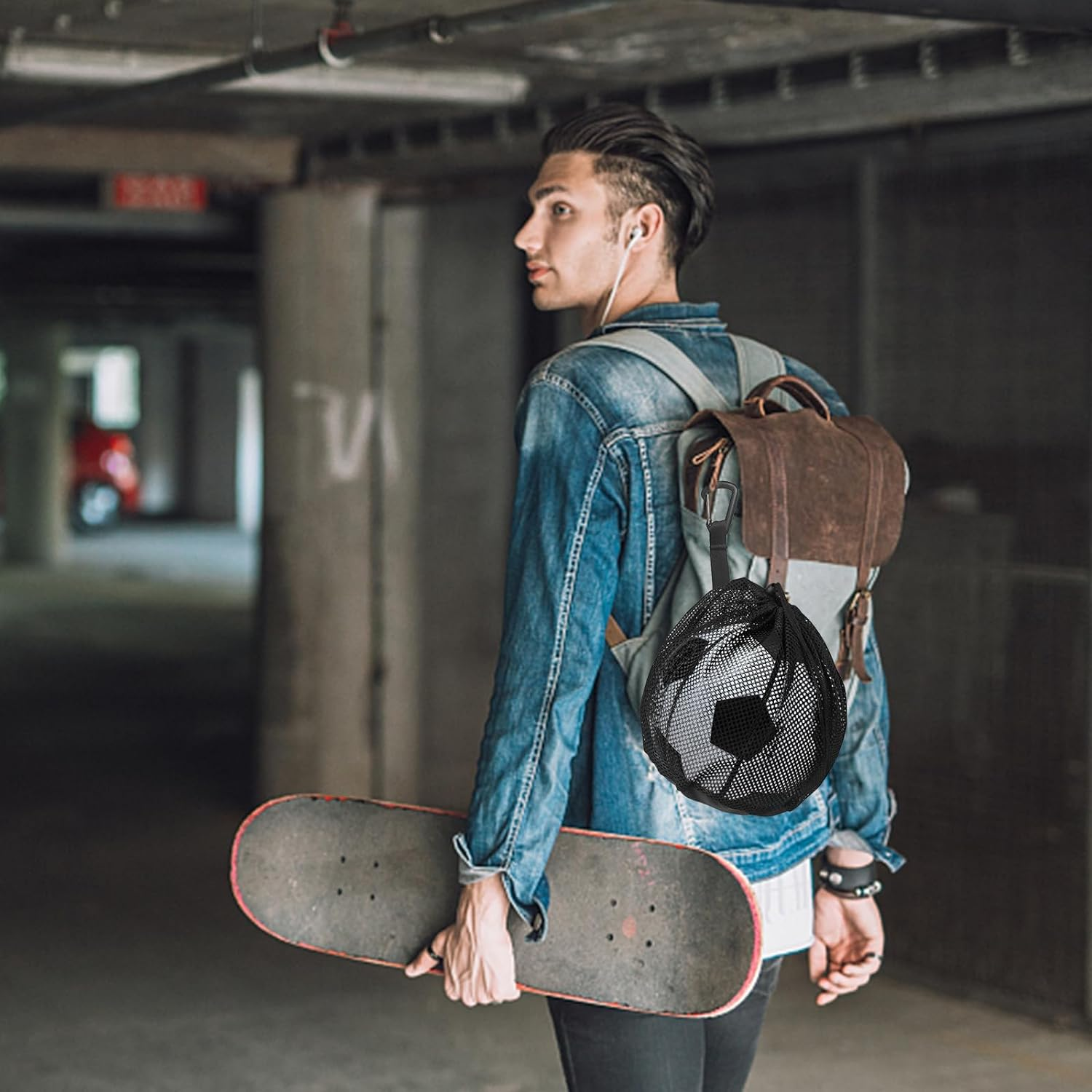 Single Ball Storage Bag with Mesh Carry and Zipper Pocket - Drawstring Sling Back for Carrying Basketball, Volleyball, Soccer, Football image number 3