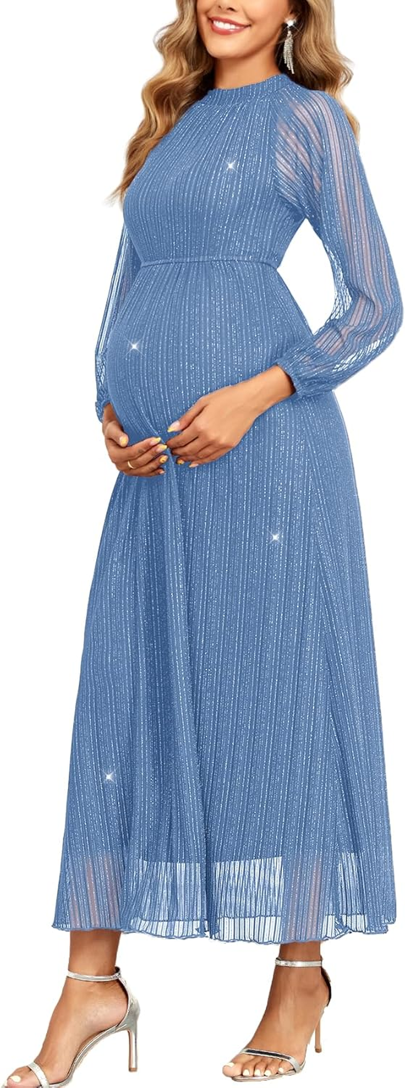 Maternity Sparkly Dress Halter Neck a Line Long-Sleeve Raglan Pregnancy Dresses Semi Formal Baby Shower Photoshoot