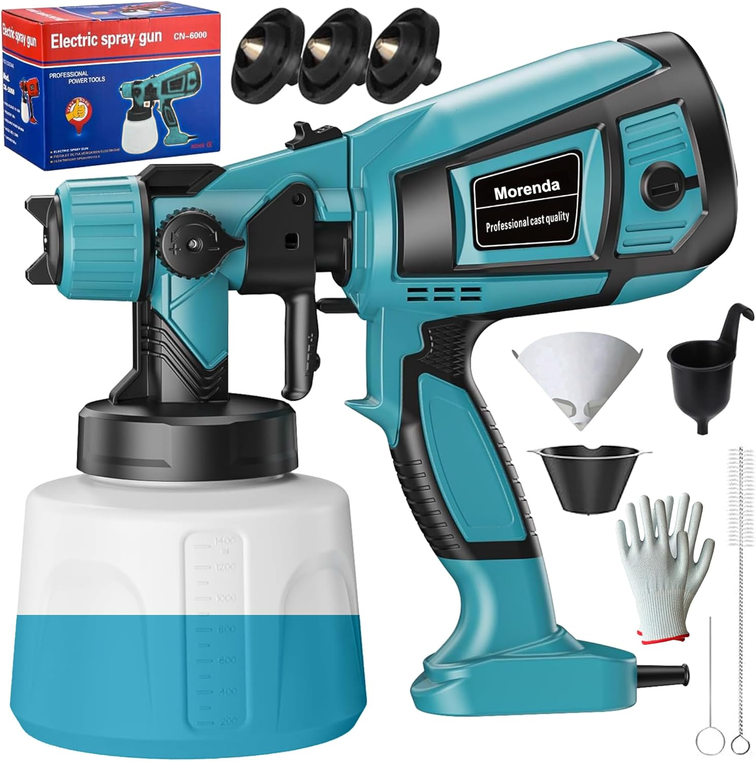 MORENDA 850W Handheld Electric Paint Spray Gun, 1400Ml Portable Home HVLP Spray Paint Machine with 3 Copper Nozzle Sizes and 3 Spray Patterns for Car, Furniture, Wall Cabinet, Fence, Door (Blue)