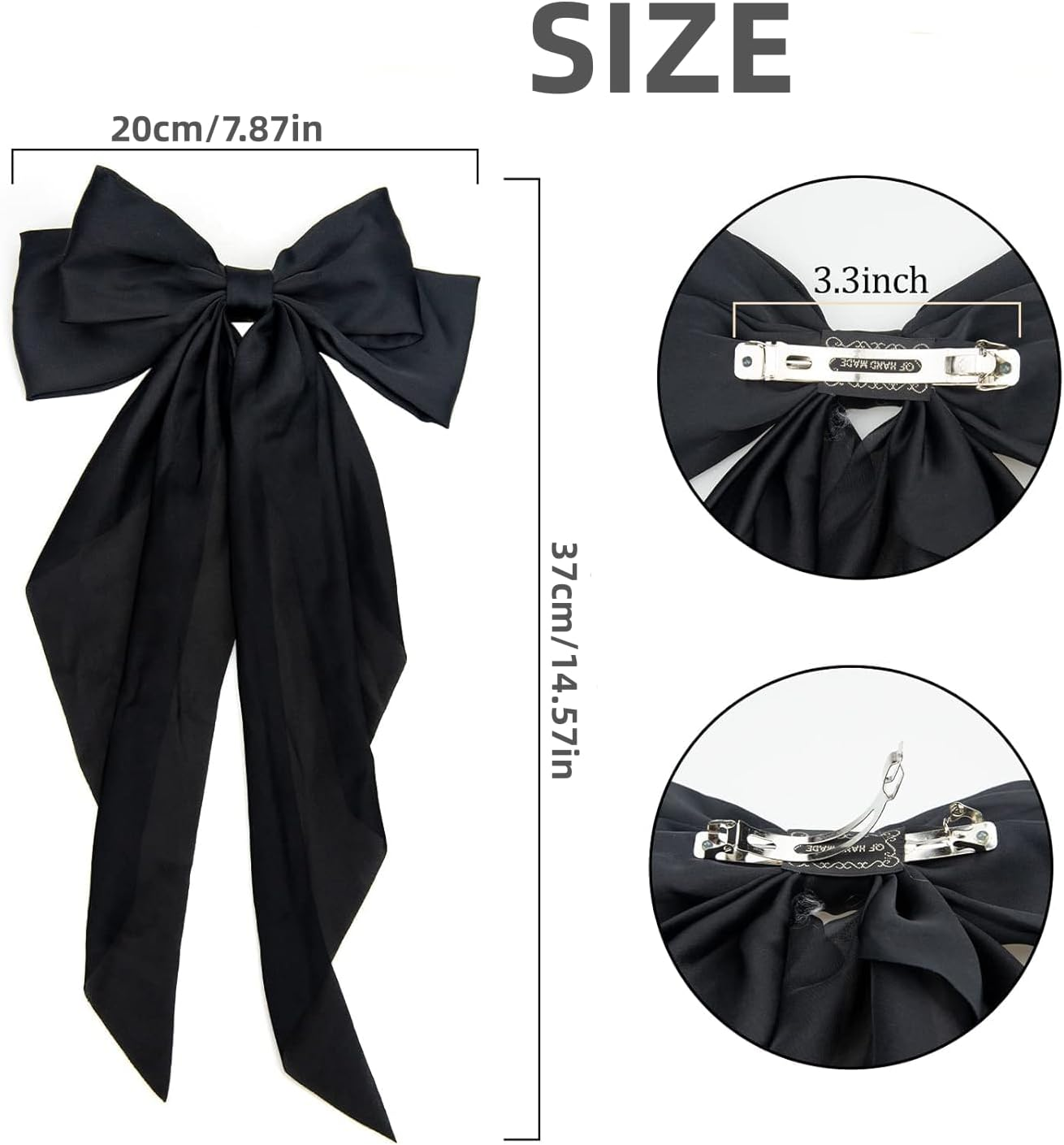 Hair Clips with Large Bow, 2 Pieces Hair Bows for Women, Silky Satin Hair Clip, French Hair Clip with Long, for Women Girls (Black + White) image number 6