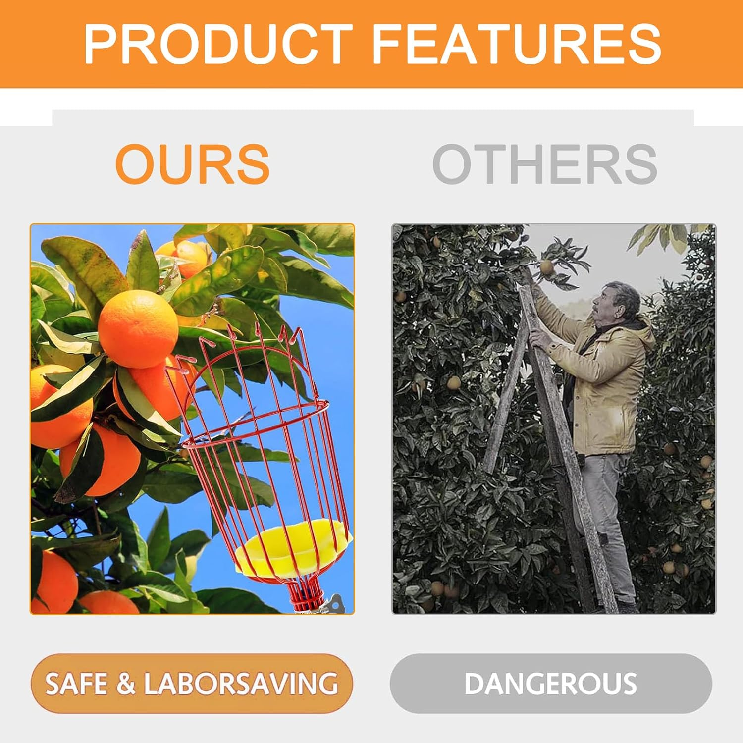 Fruit Picker Tool, 2.4M 8Ft Height Adjustable Fruit Picker Pole Tool with Baskets, Light-Weight Stainless Steel Fruit Picking Equipment for Apples Oranges Tangerines Pears Mangoes Avocados image number 3