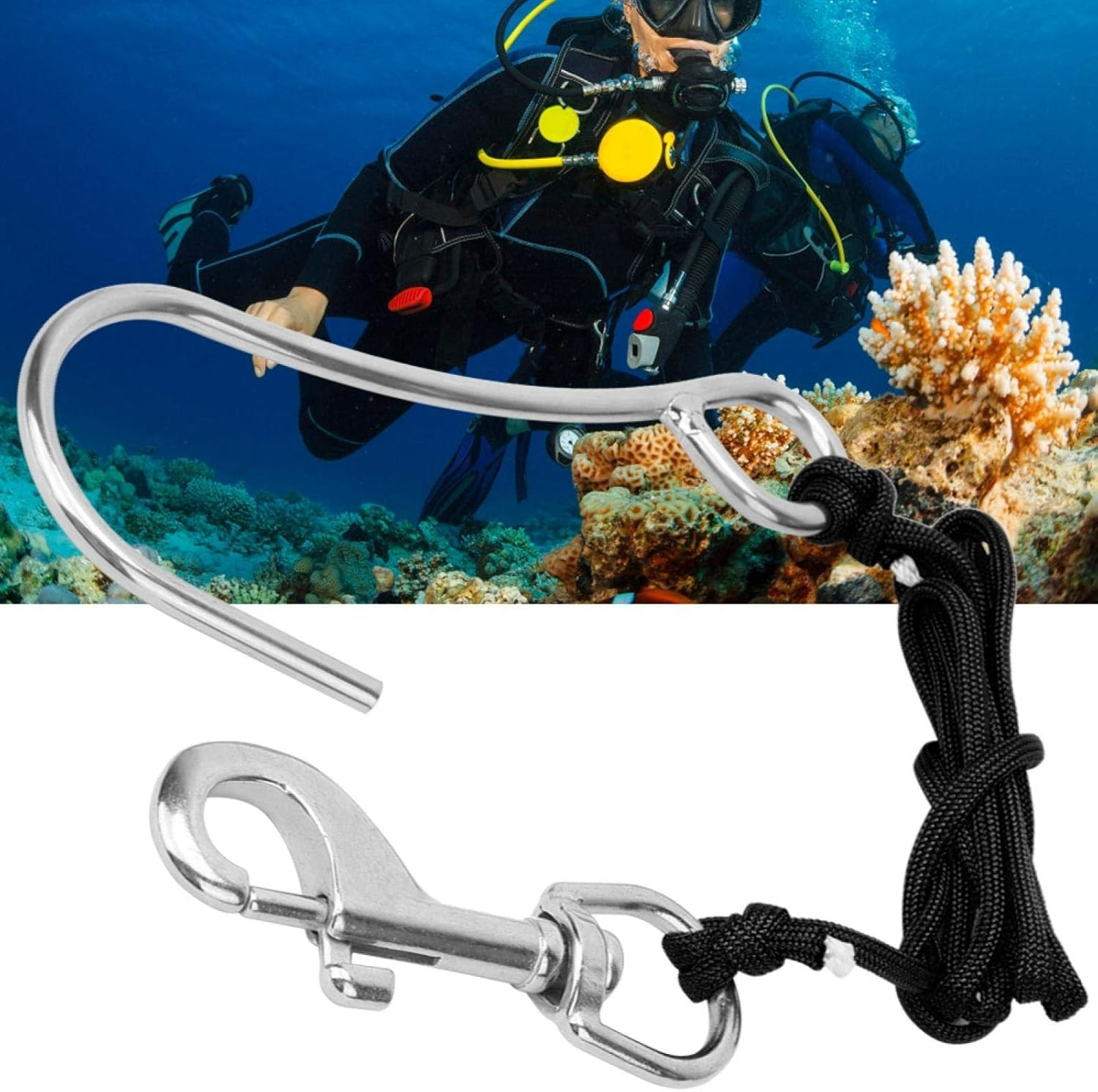 Single Reefs Hook, Scuba Reefs Hook Line Snare Drift Diving Hook Scuba Hanger Supplies Stainless Steel Clip Equipment with Quick Release Buckle and Dive Spring Coil - Black image number 5