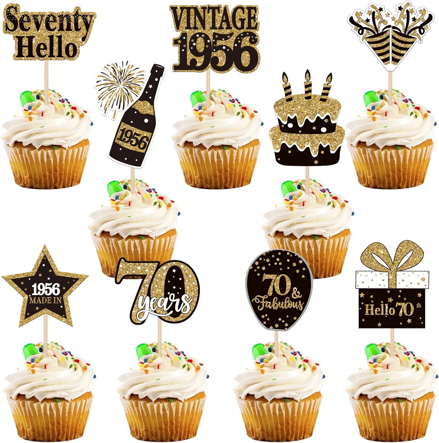 36 Pack Vintage 1956 Cupcake Toppers Cheers to 70Th Birthday Cupcake Picks Hello Seventy Birthday Cupcake Decorations for Happy 70Th Birthday Wedding Anniversary Party Supplies (70Th) - 40Th image number 2