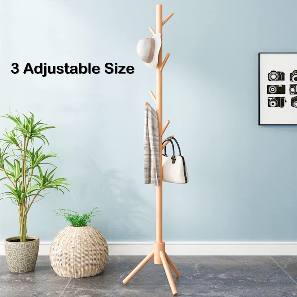 Joiena Wooden Coat Rack Tree with 8 Hooks, 3 Adjustable Sizes Free Standing, Solid Wood, Super Easy Assembly Hallway, Entryway Coat Hanger Stand for Clothes Suits (Wood) image number 1