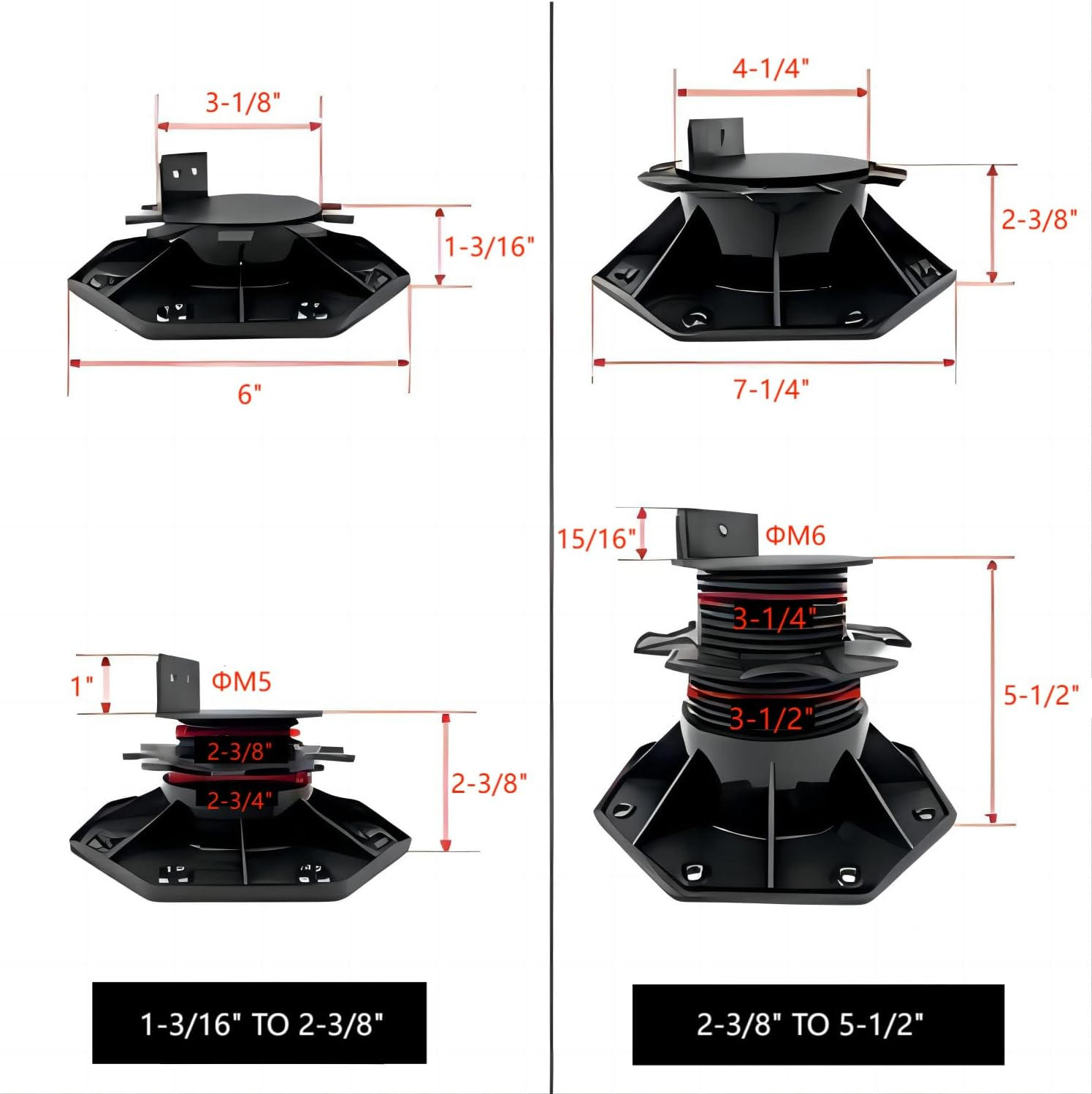 12Pack Adjustable Deck Support Pedestal Deck Foundation Base Support for Floating Deck Platform Deck Floor Height Adjustment Raising from 2-3/8" to 5-1/2", Black image number 5