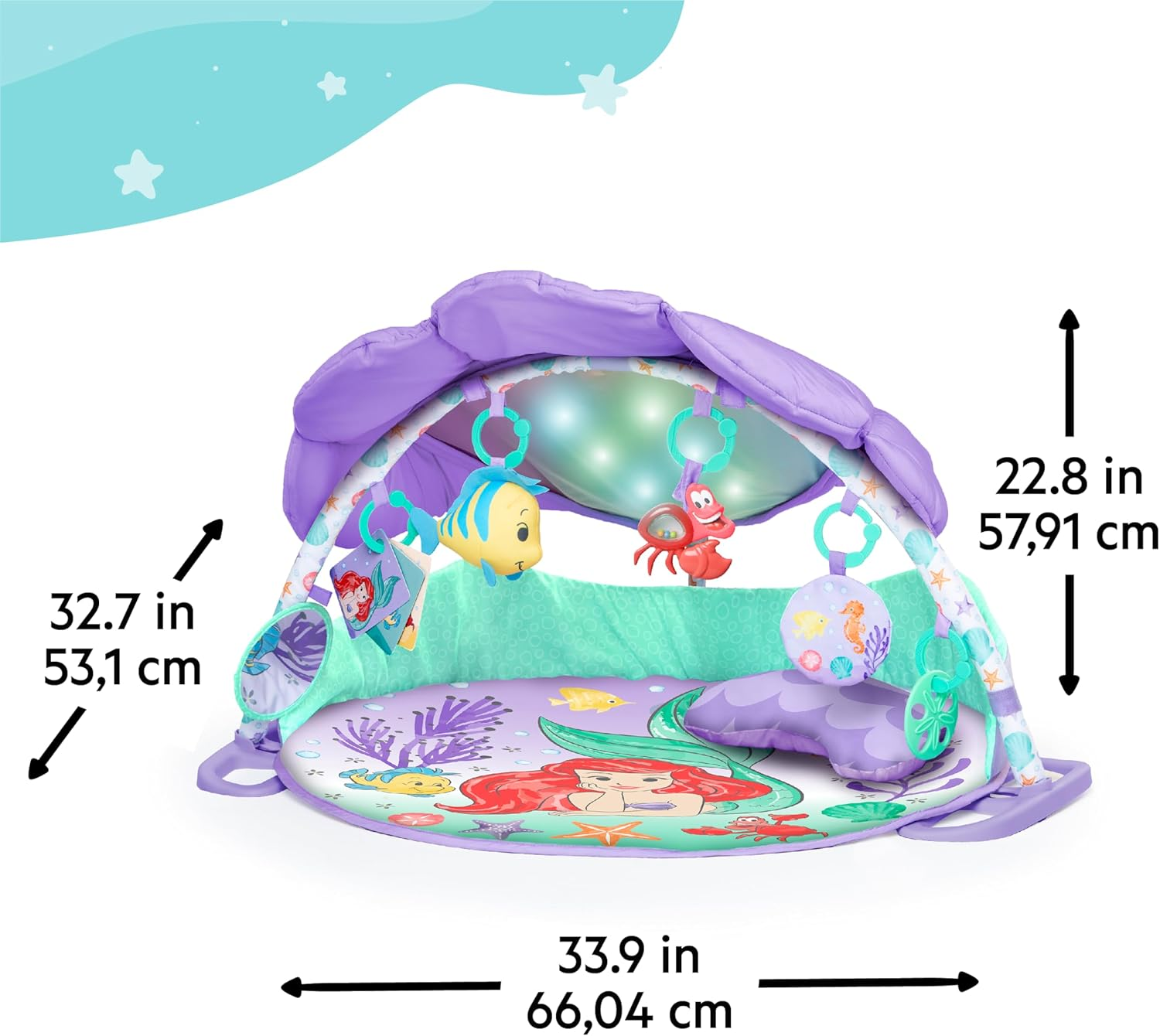 Bright Starts Disney Baby the Little Mermaid Twinkle Trove Light-Up Musical Baby Activity Gym with Tummy Time Pillow, Newborn+