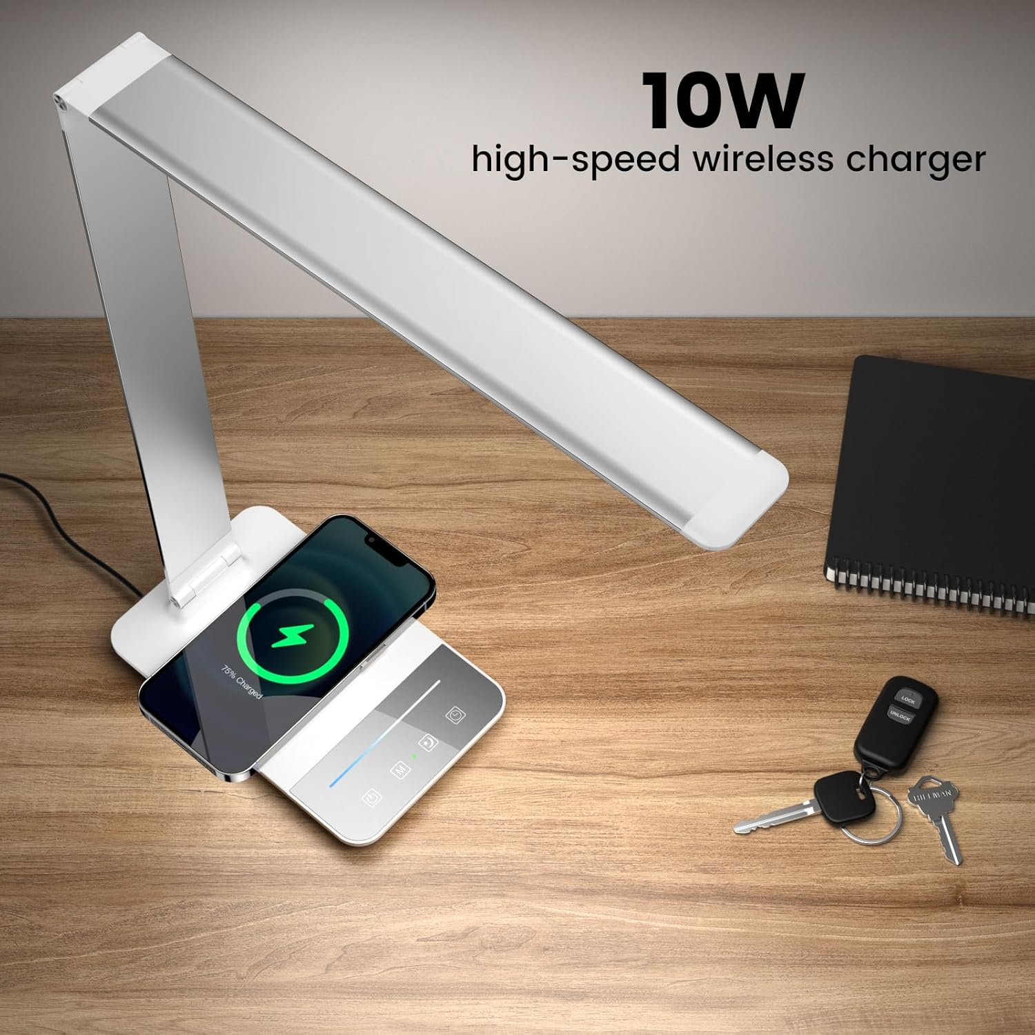 LED Desk Lamp with Wireless Charger, USB Charging Port, Dimmable Eye-Caring Desk Light with 5 Brightness Levels & 5 Lighting Modes, Touch Control, Auto Timer (White) image number 2