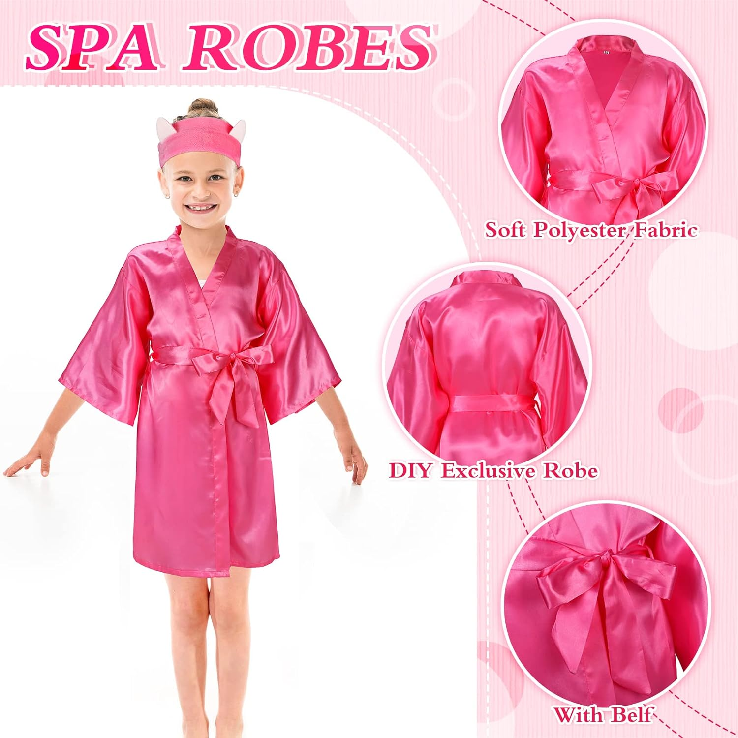 60 Pcs Spa Party Supplies for Girls Satin Kimono Robe Disposable Foam Slippers Eye Mask Spa Headband Bow Hair Band Kid Salon image number 4
