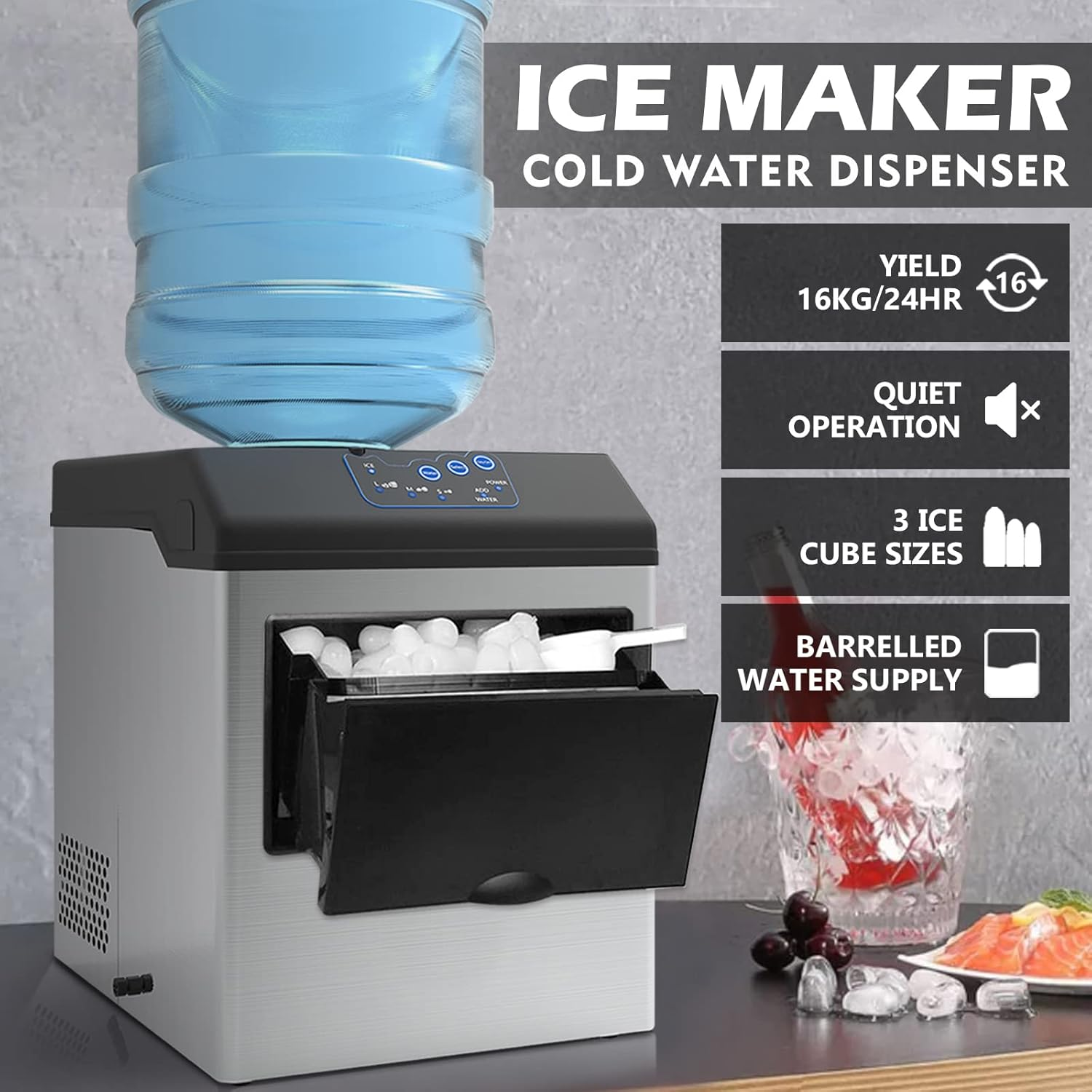 ADVWIN 2 in 1 Countertop Ice Maker Machine with Water Cooler Dispenser Combo, 15KG/24H, S-M-L 3 Sizes Bullet Ice, 2 Ways to Add Water with Ice Scoop image number 5