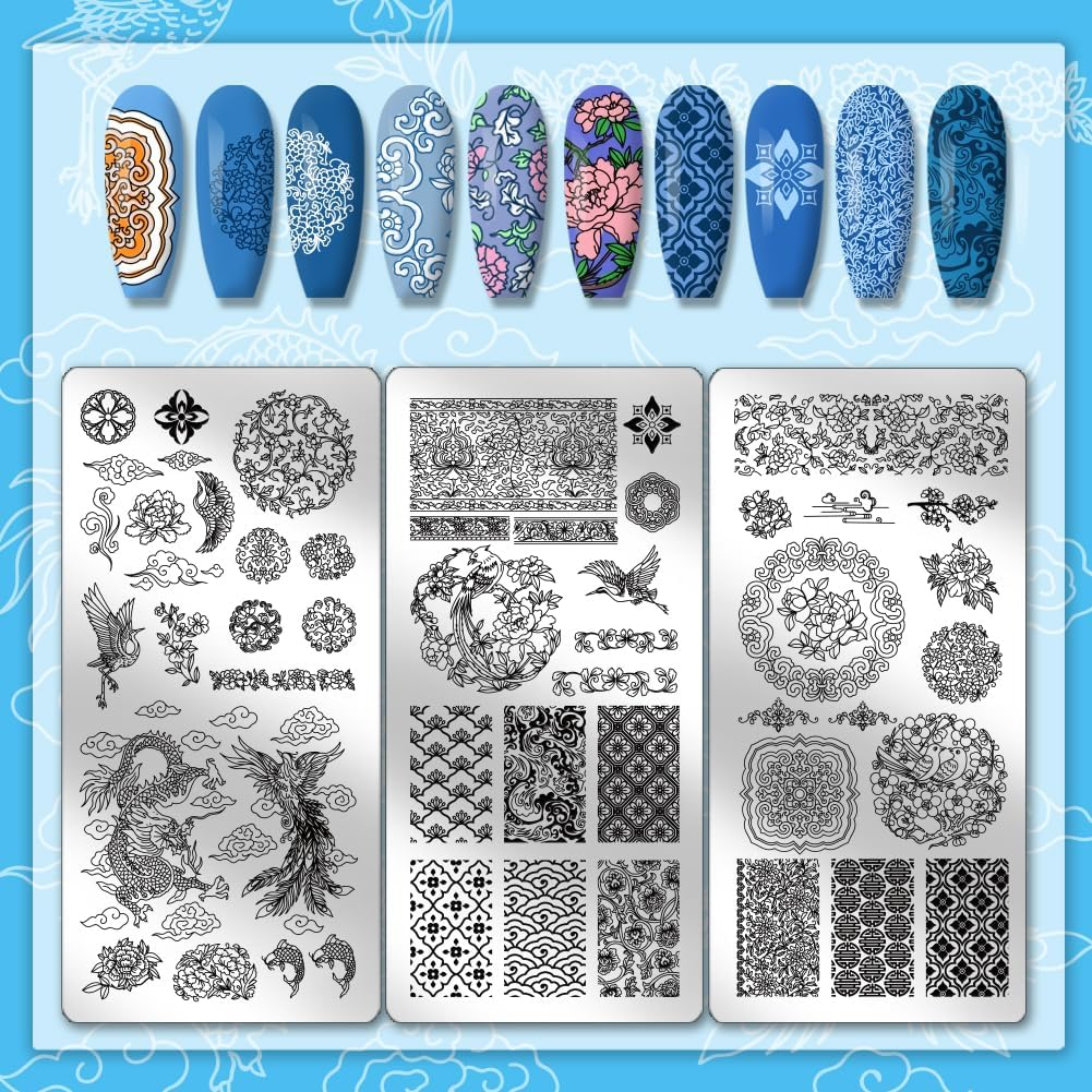 PH Pandahall Pack of 3 Chinese Porcelain Nail Stamp Plates Dragon Phoenix Pattern Nail Art Stencils Pottery Texture Nail Art Stencils Flower Nail Picture Plates for Women Nail Design 12 X 6 Cm image number 2