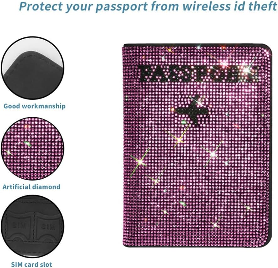 MYHOBBY Shiny Rhinestone Passport Holder Cover Wallet Case Travel Essentials Passport and Vaccine Card Holder,Vacation Travel Accessories for Men Women,Pink image number 2