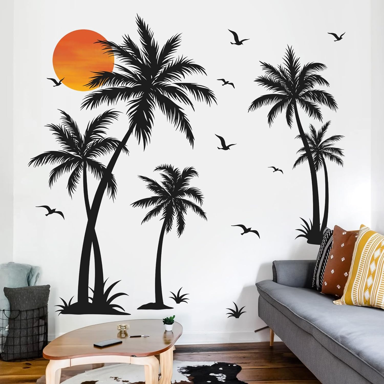Wondever Large Black Palm Tree Wall Stickers Tropical Tree Plants Birds Peel and Stick Wall Art Decals for Living Room Bedroom TV Background (H: 53 Inch) image number 3