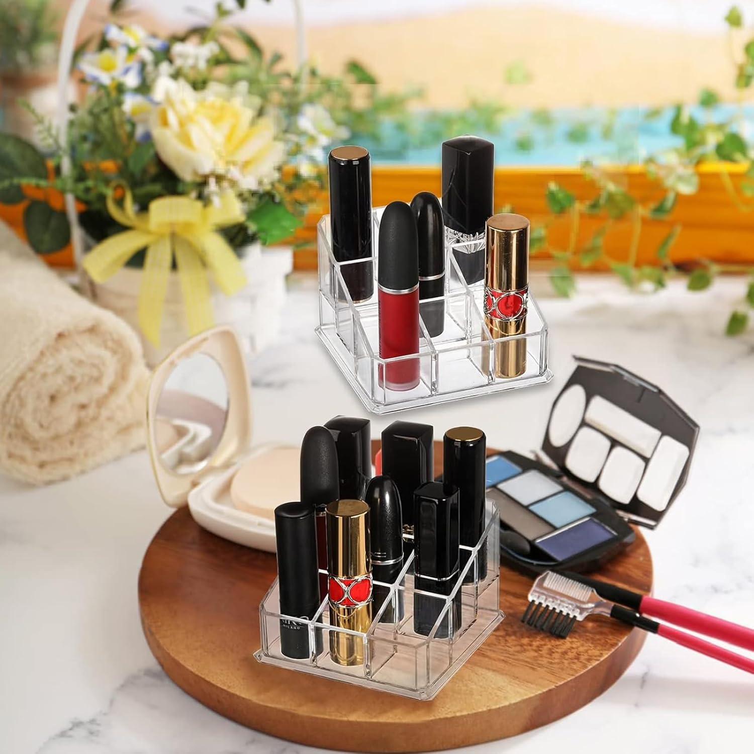 Kzvsiy 1-Pack 9-Slot Acrylic Nail Polish & Lipstick Organizer, Clear Cosmetic Storage Stand, Small Beauty Makeup Display Case for Lip Gloss, Lipstick, Nail Polish, and More