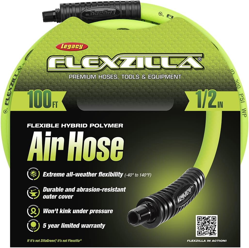 Flexzilla Air Hose, 1/2 In. X 100 Ft., 3/8 In. MNPT Fittings, Heavy Duty, Lightweight, Hybrid, Zillagreen - HFZ12100YW3 image number 3