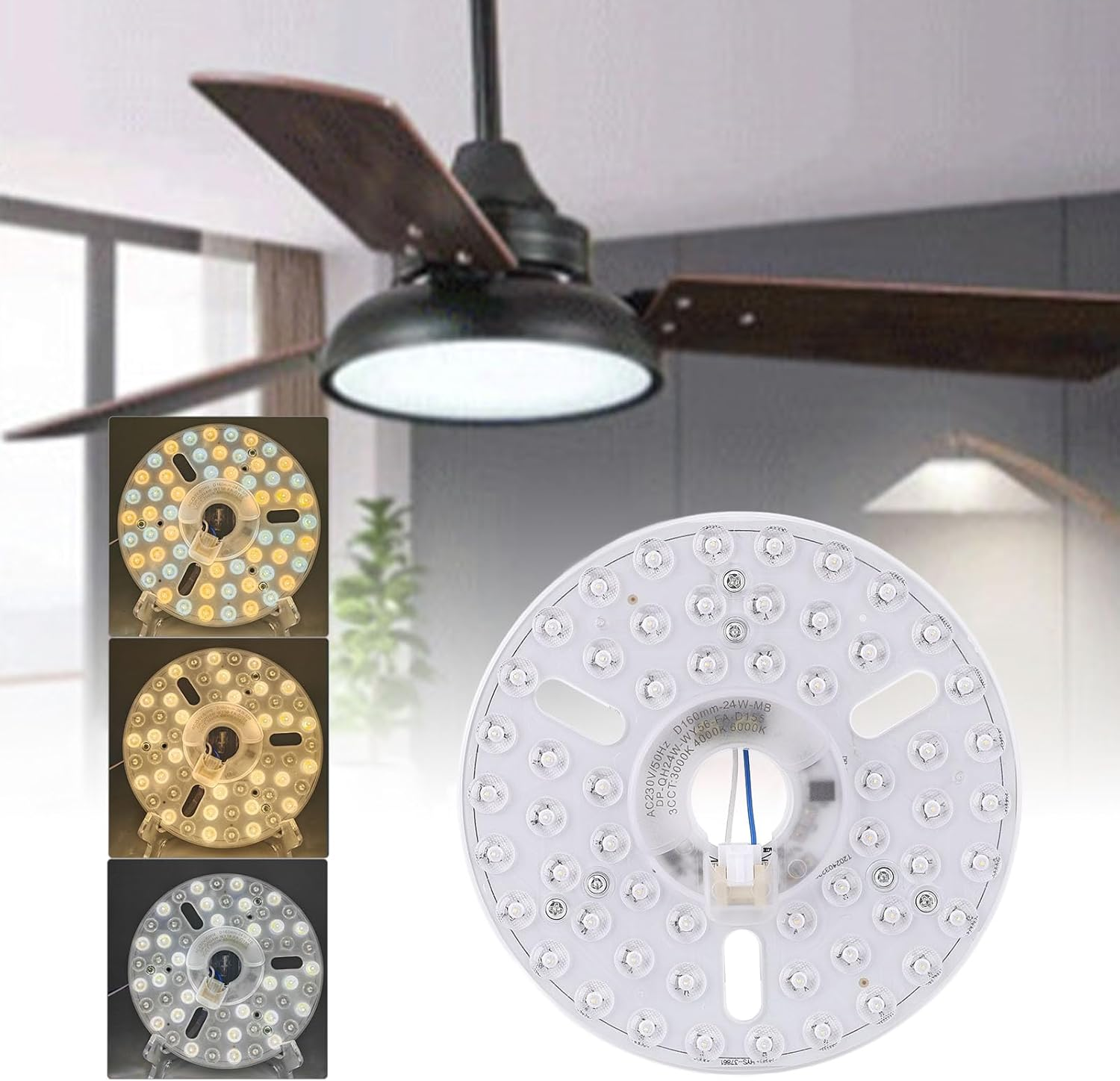 6.3 Inch LED Retrofit Light Kit for Ceiling Fan Light Replacement Panel, 3000K 4000K 6000K Color Temperature Adjustable, 24W Dimmable, Magnetic Moun image number 4