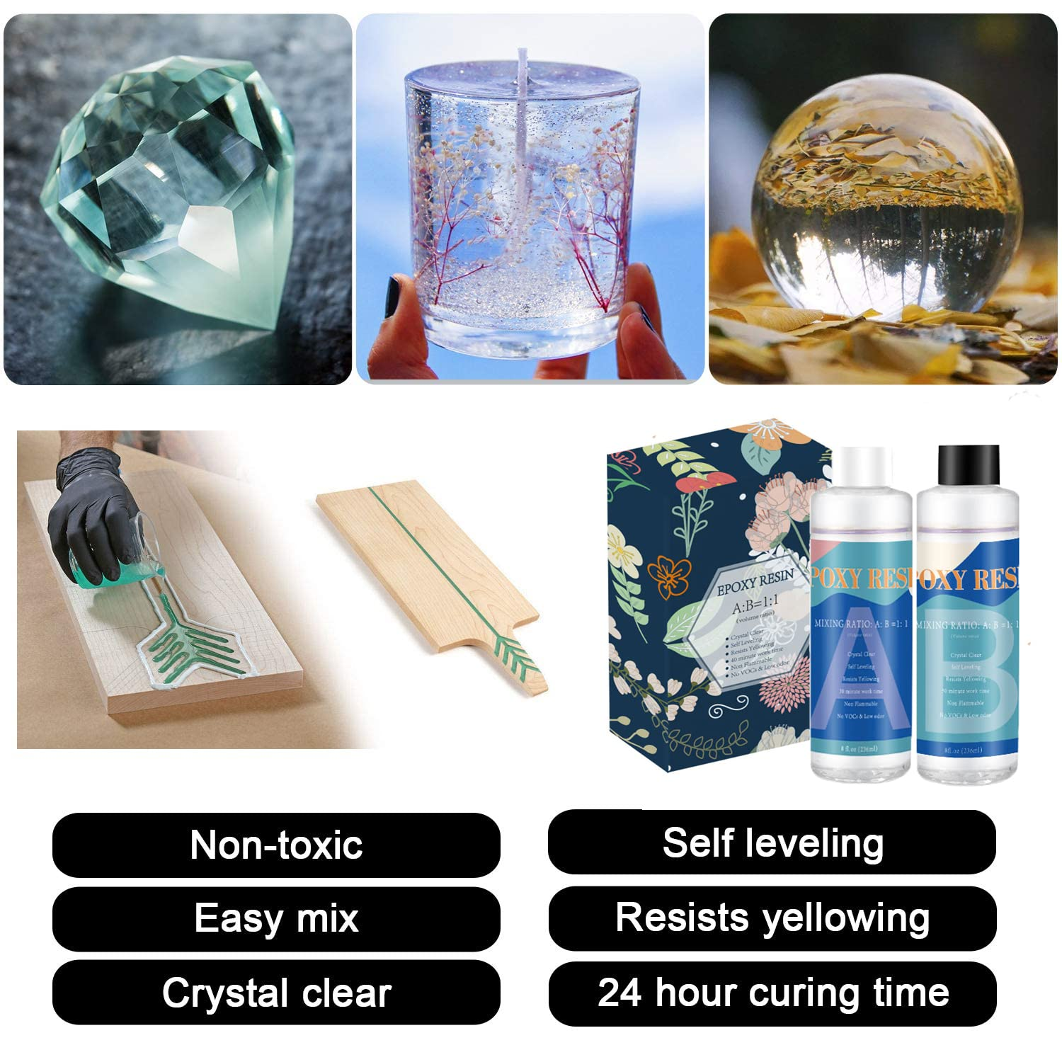 Epoxy Resin Kit, for Art, Jewelry, Crafts, Keychain - Including Crystal Clear, Odor Free, High Gloss, Bubble Free, Premium Quality, Easy Casting, Craft Resin (A500Ml/16.9Fl.Oz+B500Ml/16.9Fl.Oz) image number 5