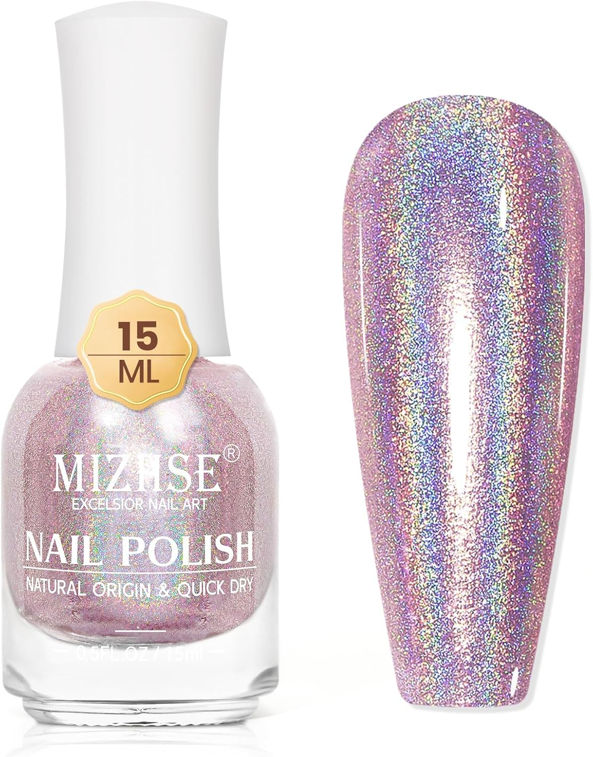 MIZHSE Holographic Nail Polish, Silver Glitter Nail Polish Air Dry Fast, 15 Ml 0.5 Fl Oz High Glossy Shiny Nail Pigment Oil-Based Laser Iridescent Nail Polish Chrome Halo Nail Art Salon Manicure Home