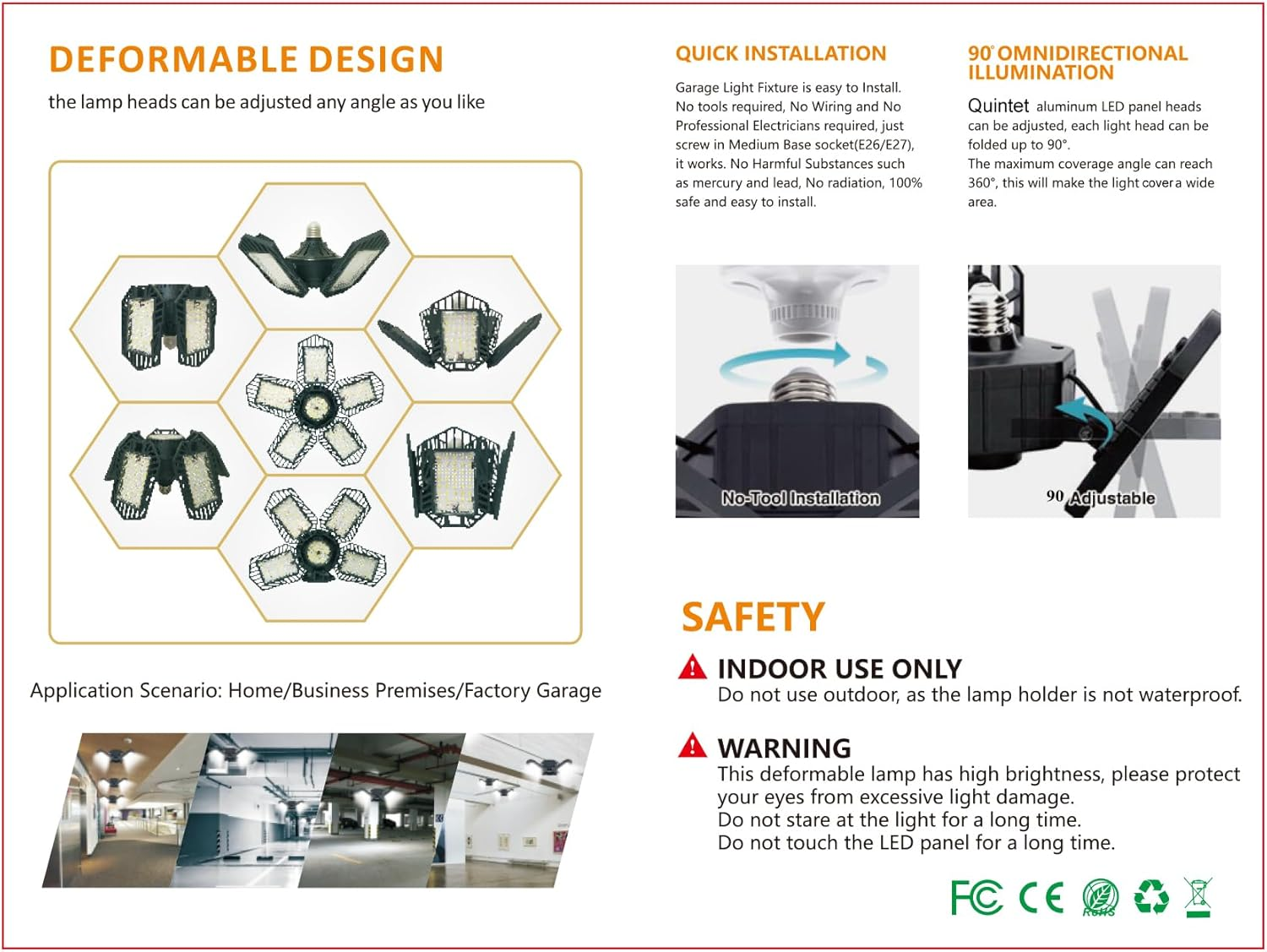 Motion Activated Deformable LED Garage Light E27 Ceiling Lights, Motion Sensor LED Workshop Light 7500LM Aluminium Lamp 360 Degrees 80W with 5 Adjustable Panels Quintet LED Lighting for Garage Attic image number 4