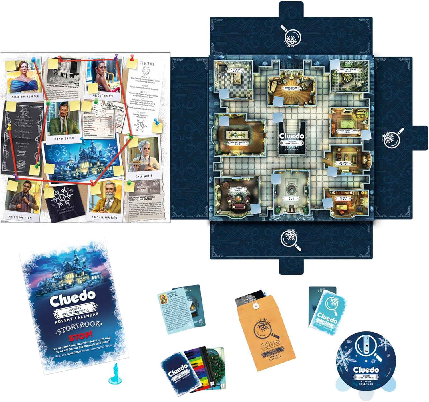 Clue Advent Calendar: Secrets under Snowfall | 24 Days | Family Mystery Games | with 6 Winter-Themed Tokens and Surprise | Ages 10+ | 1+ Players image number 4