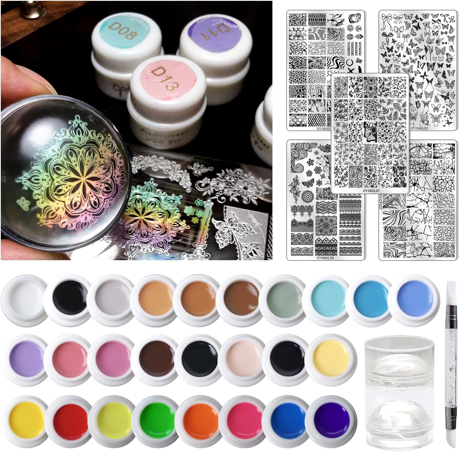 RUNBBY Nail Art Stamping Kit - 26 Color Gels with 5 Stainless Steel Plates, Dual-Ended Silicone Stamper & Scraper - DIY Nail Design Set for Beginners and Pros image number 2