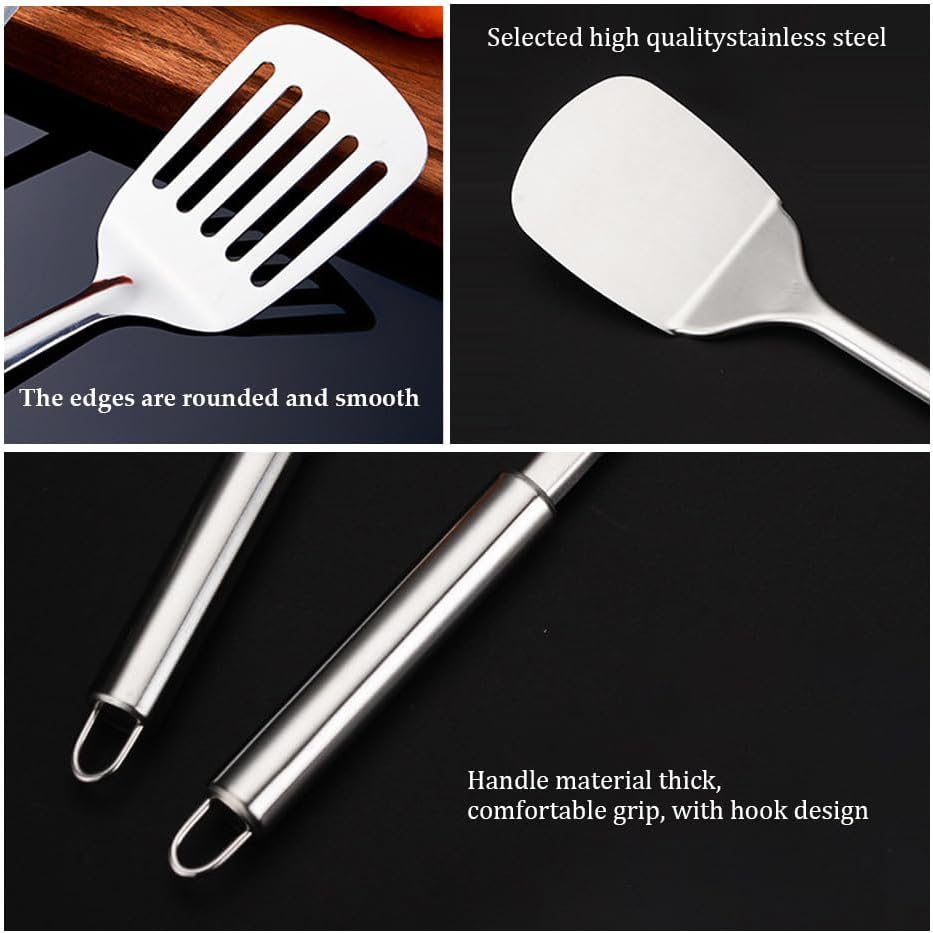 Stainless Steel Spatulas Set,Silver Slotted Turner, Solid Turner,Heavy Duty Sturdy Kitchen Spatula High Heat Resistant, Ideal Cookware,Dishwasher Safe, Easy to Clean (2Pcs) image number 4