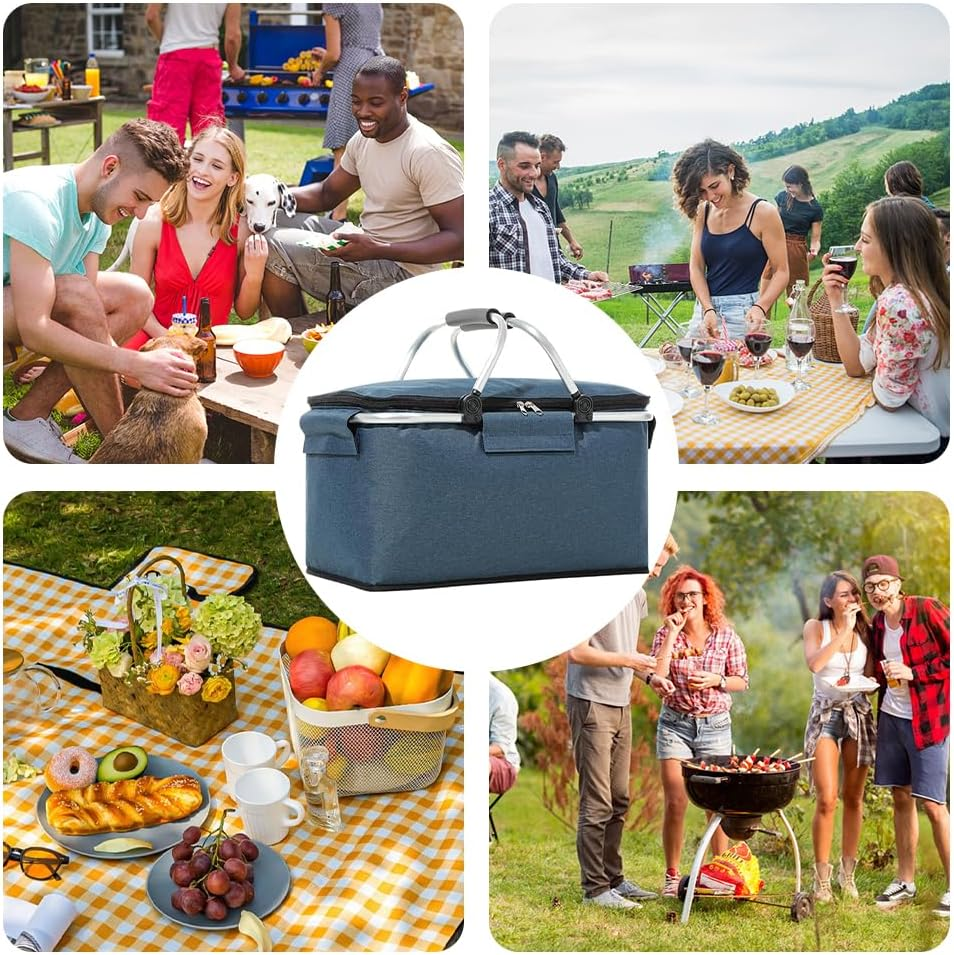 Insulated Picnic Basket Collapsible Picnic Basket with Lid Leak-Proof Cooler Bag for Picnic,Food Delivery,Take Outs,Market Shopping,Travel, Blue image number 2