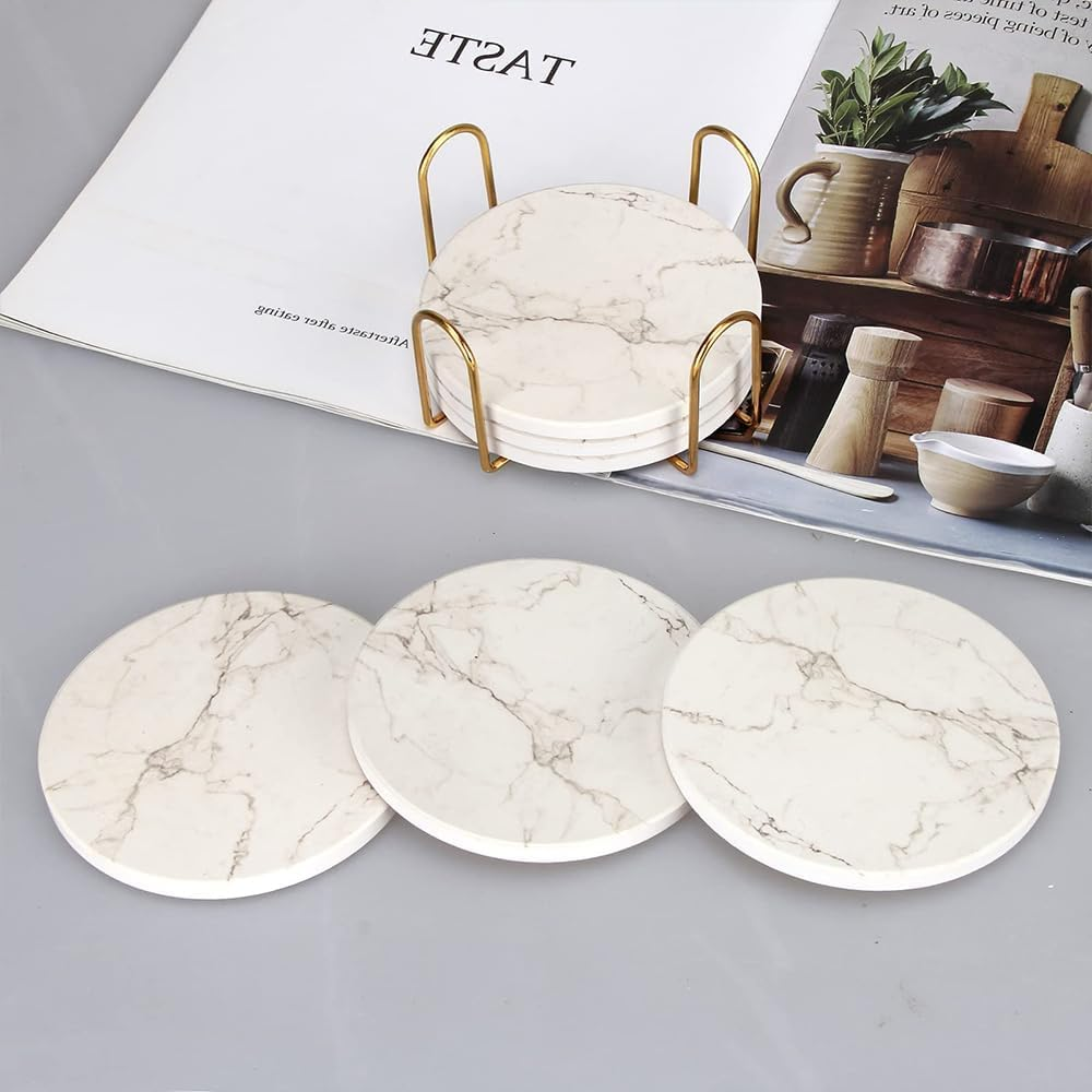 ATDORO Set of 6 Coasters for Drinks, Marble-Style Absorbent Coasters with Holder, Housewarming Gift Home Decor, Suitable for Kinds of Cups (White) - Blue image number 2