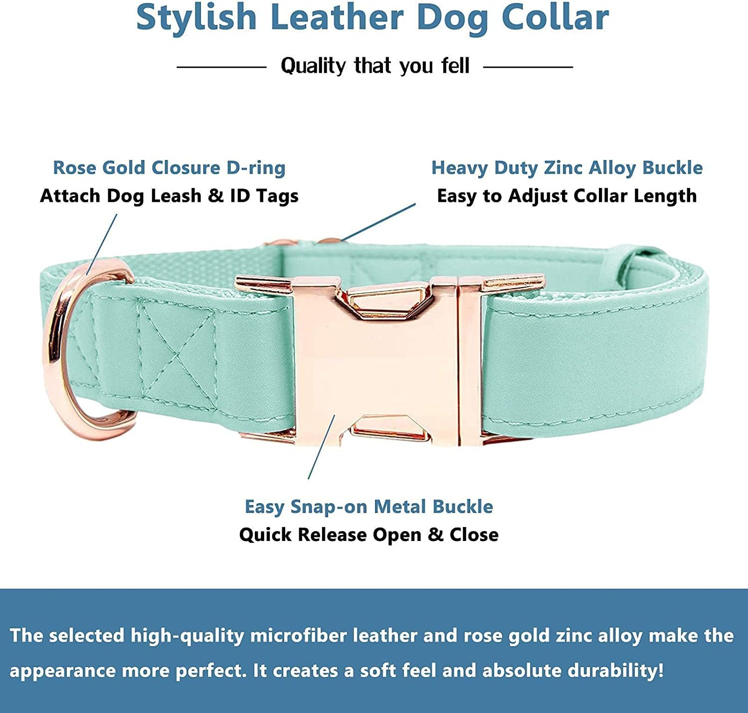Soft Leather Dog Collar and Leash (6.6') Set - Stylish Rose Gold Heavy Duty Metal Buckle, 4 Adjustable Lengths Leash for Small Medium Large Dogs - Comfortable & Easy to Clean (Green, L(15.4"-24.8")) image number 6