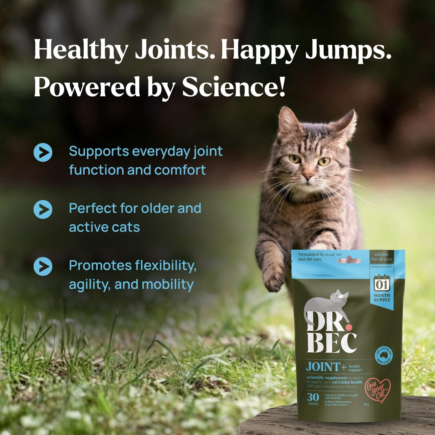 Dr. Bec Joint+ Cat Joint Supplement for Mobility & Comfort, Vet-Made Green Lipped Mussel Omega-3 & Collagen Blend, Australian Made image number 1