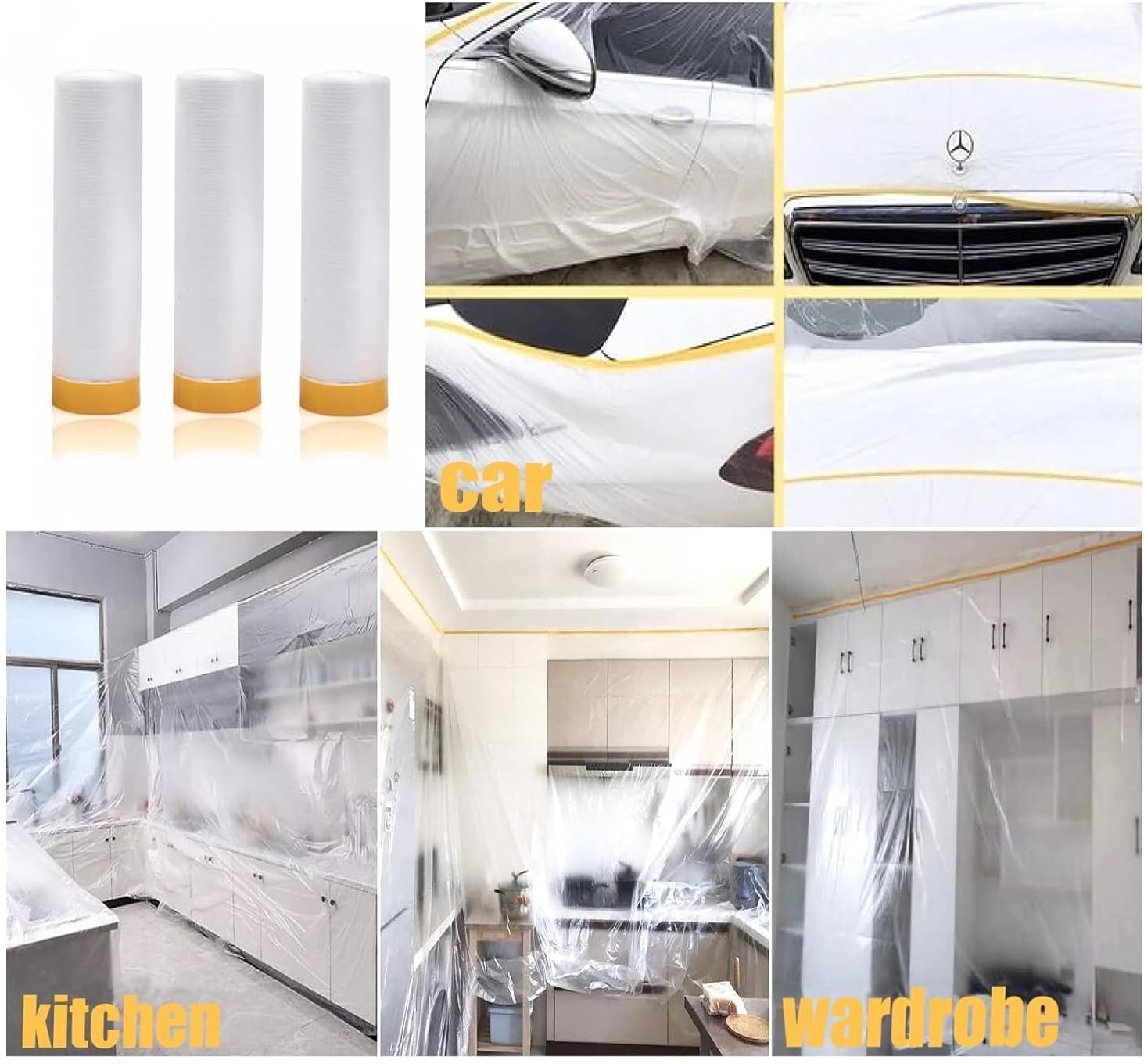 TIAMORK Tape and Drape Pre-Taped Masking Film 110&rdquo;(Unfolded) X 66 Ft Each 2 Pack General Painters Plastic Drop Cloth for Auto Wall Furniture Painting Spraying from Dust Contamination image number 2