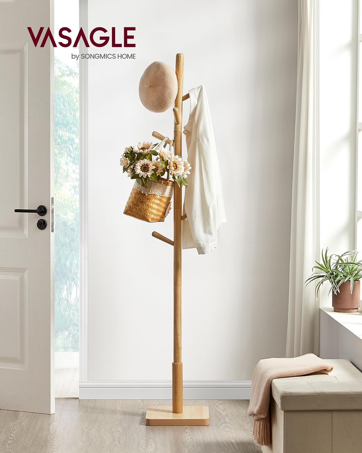 VASAGLE Coat Rack, Solid Wood Coat Stand, Freestanding Hall Tree, 8 Hooks, Natural Beige URCR010N01 - Cloud White image number 2