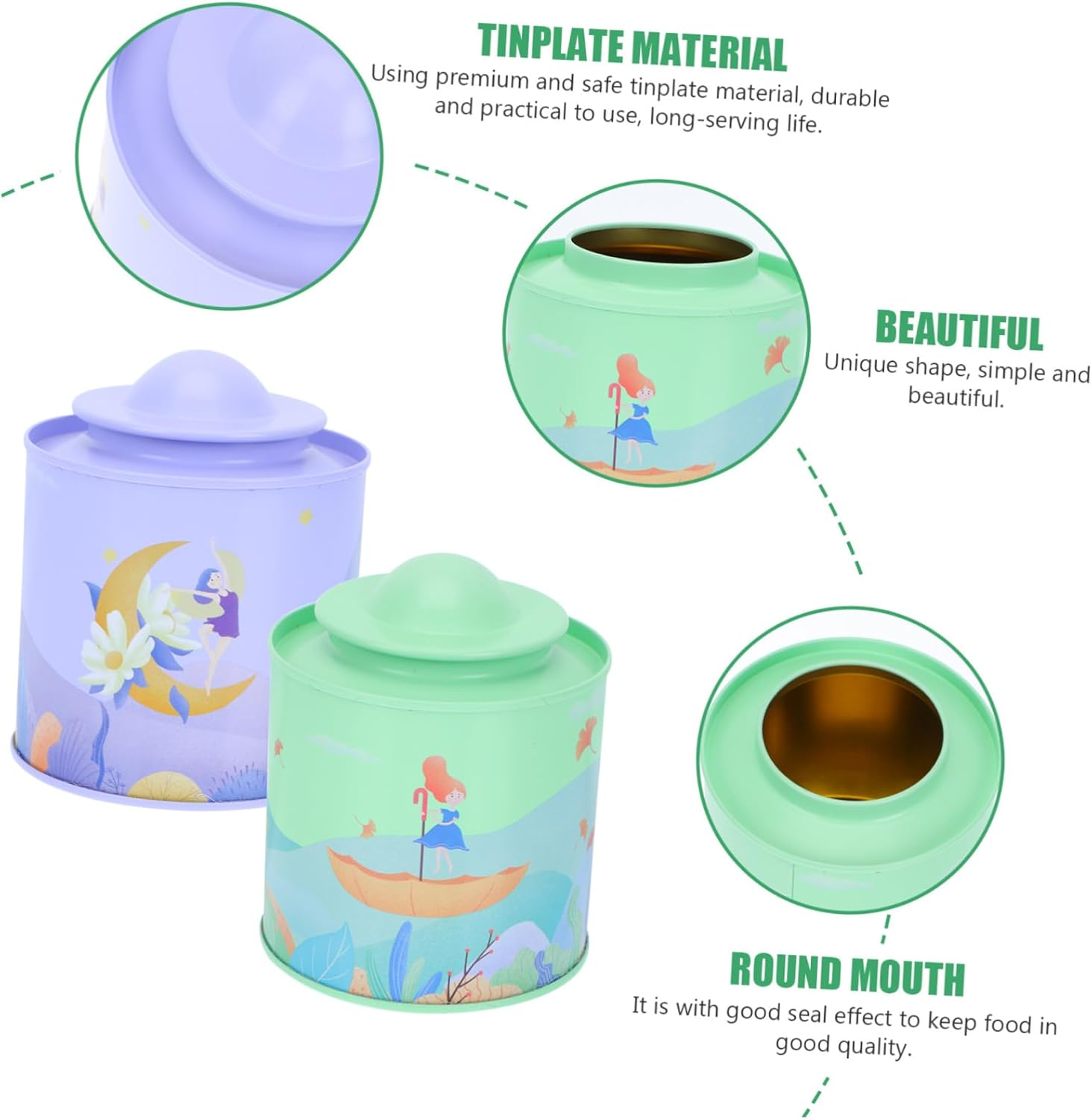 SHOWERORO 2Pcs Mini Tinplate Canisters Tea Storage Jars Lids for Jewelry Home Decor