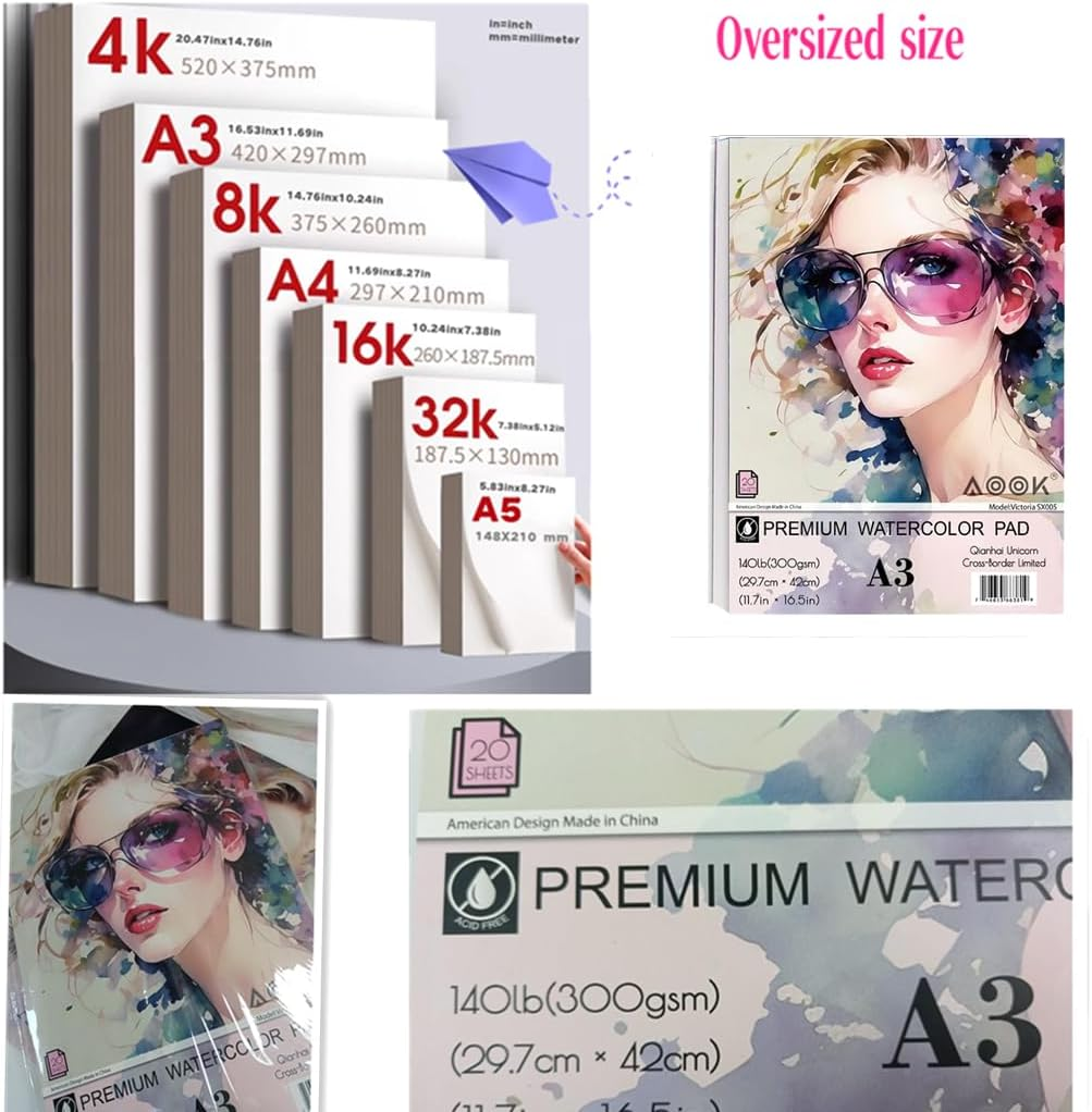 AOOK A3 Watercolor Paper Pad, Watercolor Painting Paper, 11.69X16.53 "(140Lb/300Gsm) 20 Sheet Mixed Paper Mat, Top Packaging, Fine Texture, Suitable for Watercolor, Watercolor, and Acrylic Art Mats. (1PCS) image number 4