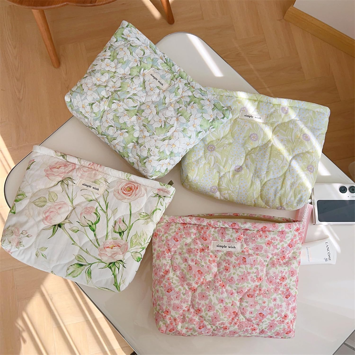 2 Pcs Floral Makeup Bag Large Travel Cotton Quilted Cosmetic Makeup Bag Organizer, Cute Coquette Aesthetic Zipper Portable Pouch Purse Storage Toiletry Bag for Women Girls Accessories, L-Green