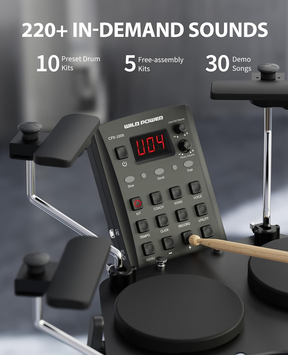 Electronic Drum Set, Portable Electric Drum Set for Beginner with Snare Quiet Mesh Drum Pads, 220 Sounds, 2 Switch Pedal, Tabletop Kids Drum Kit with Sticks, Travel Bag image number 2